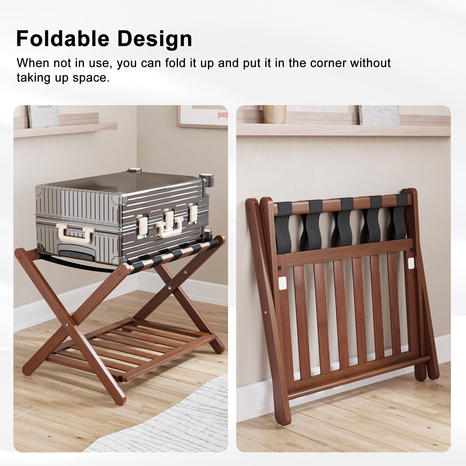 Smuxee Fully Assembled Walnut Luggage Rack, Upgraded Bamboo Foldable Suitcase Stand With 5 Nylon Straps, Luggage Holder With She
