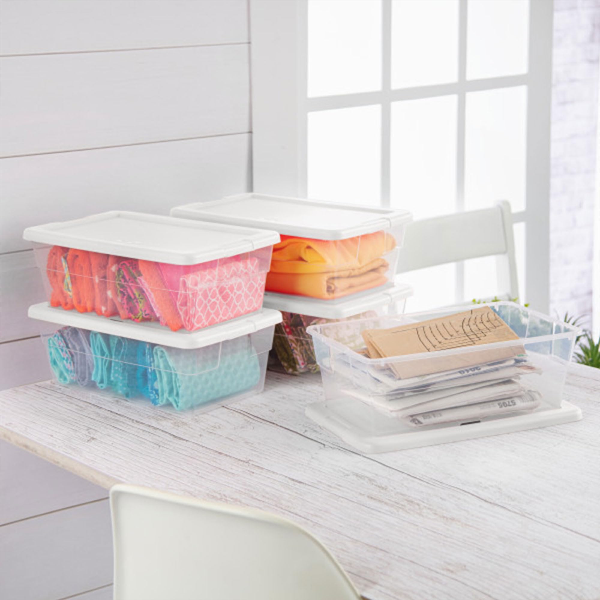 Sterilite 6 Quart Clear Stacking Storage Tote Container With White Lid (48 Pack)