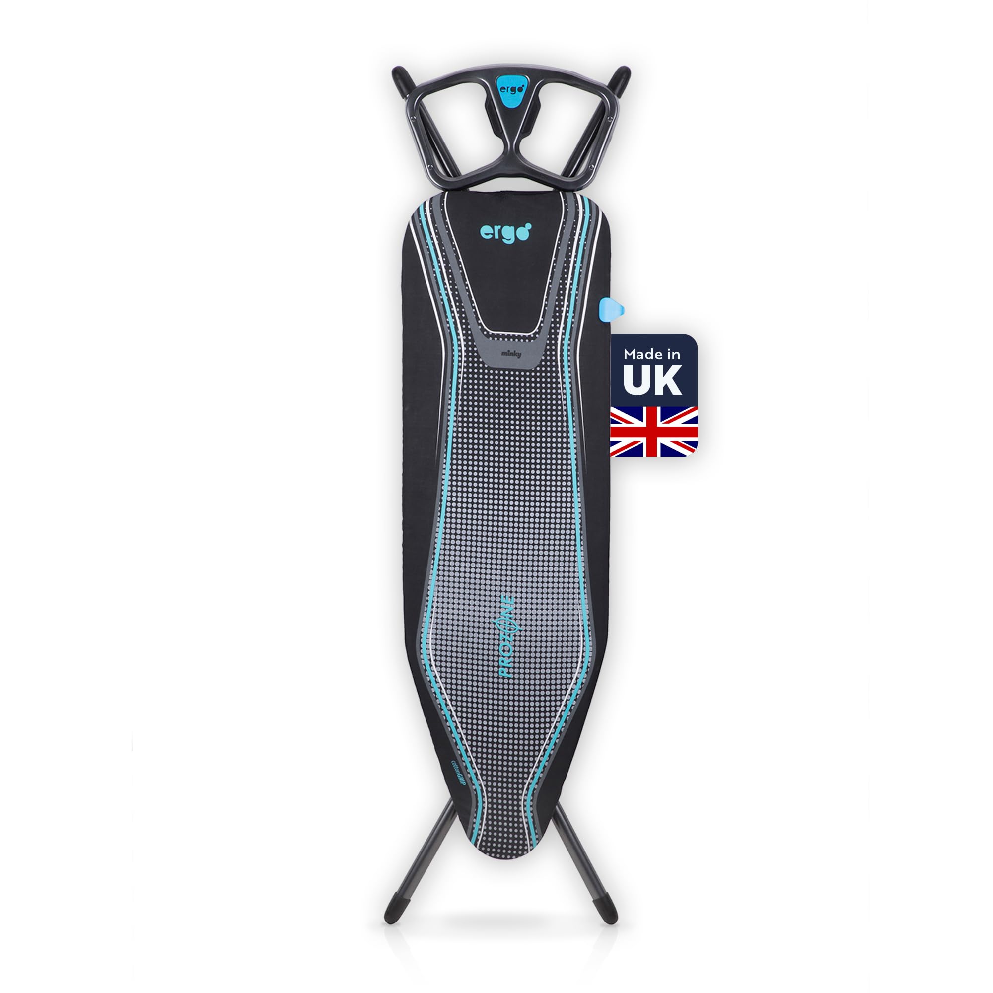 Minky Ergo Prozone Ironing Board | Made in UK | Dual Iron Rest, Heat Reflective Cover, Thick Felt Underlay - Freestanding Ironin