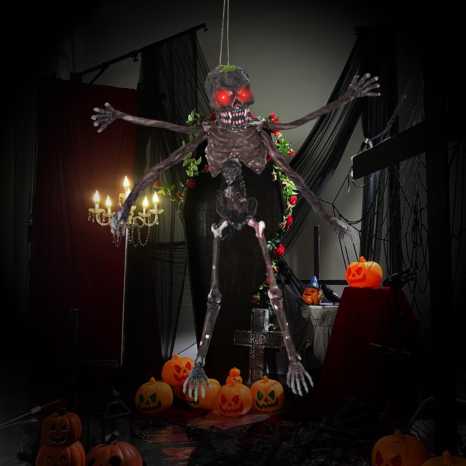 Tangkula 6Ft Halloween Animatronics Decoration with Glowing Red Eyes, Creepy 4-Armed Scary Skeleton for Outdoor Yard, Haunted Ho