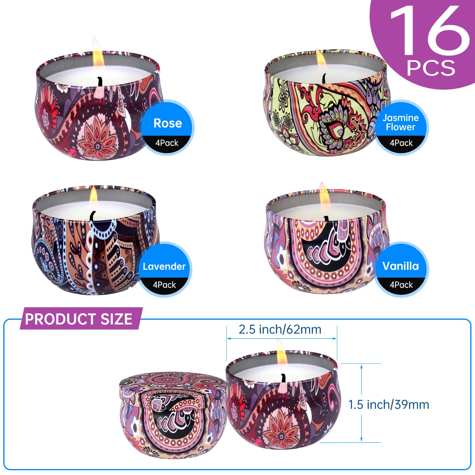 KNOURT 16 Pack Scented Candles Gift Set, Natural Soy Wax Travel Tin Candles for Home Scented, Ideal for Christmas, Birthday, Tha