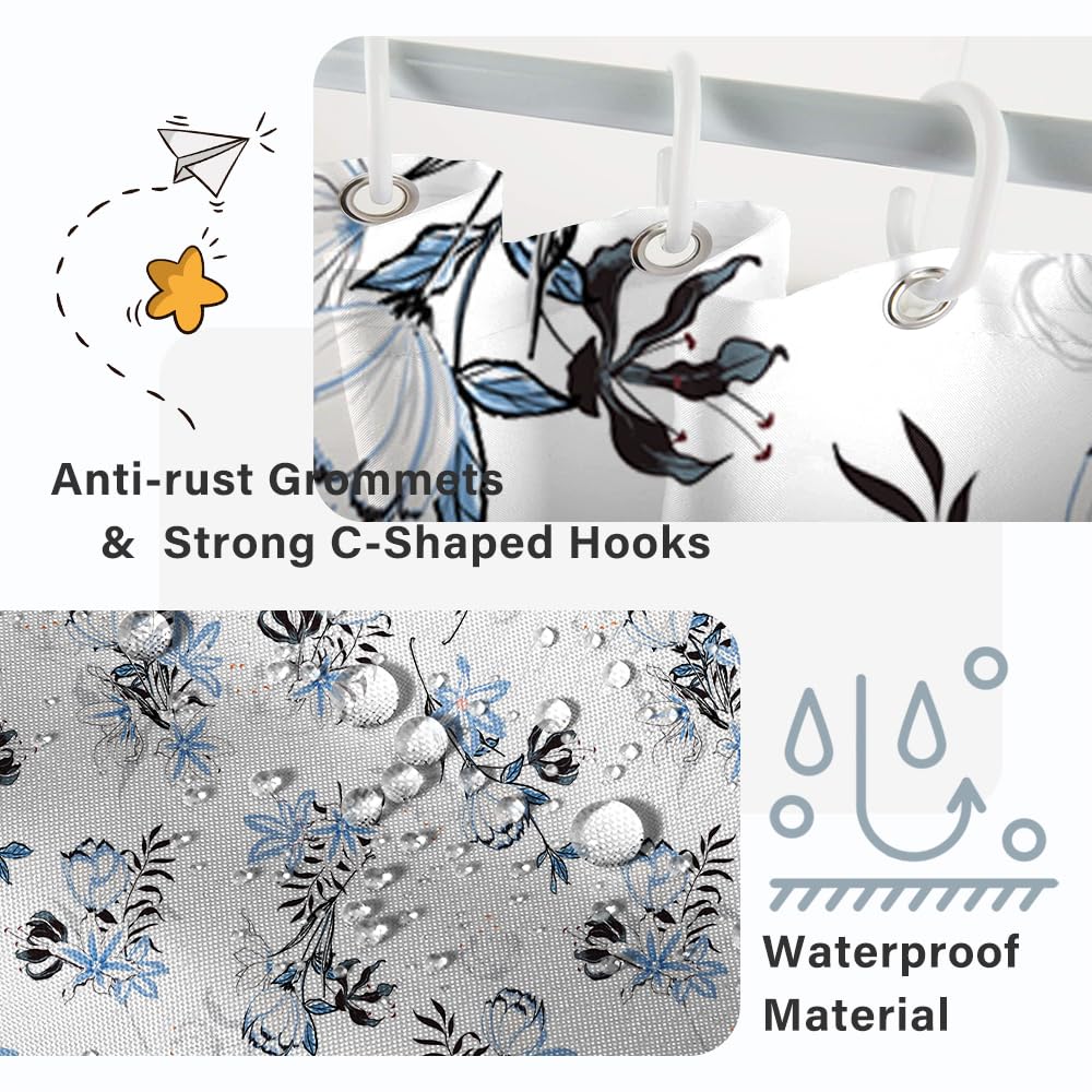 Ruelvth Blue Floral Shower Curtain, Watercolor Blue And Grey Shower Curtain For Bathroom Waterproof Fabric Aesthetic Shower Curt
