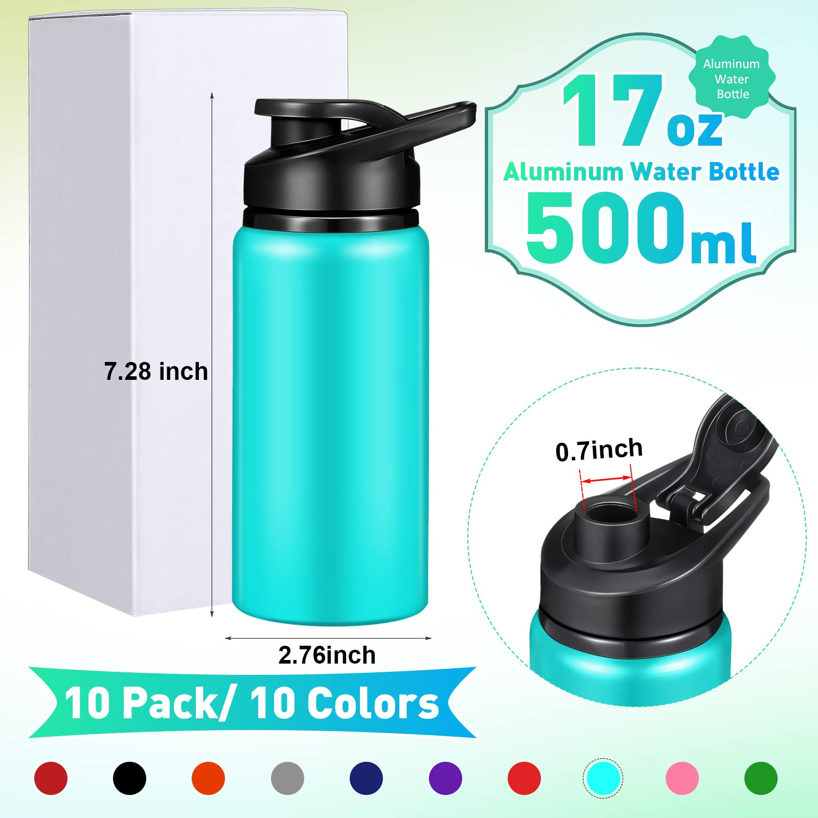 10 Pcs 17Oz Reusable Aluminum Water Bottles Bulk Multicolor Outdoor Sports Water Bottles Multipack Travel Bottles For Gym Cyclin