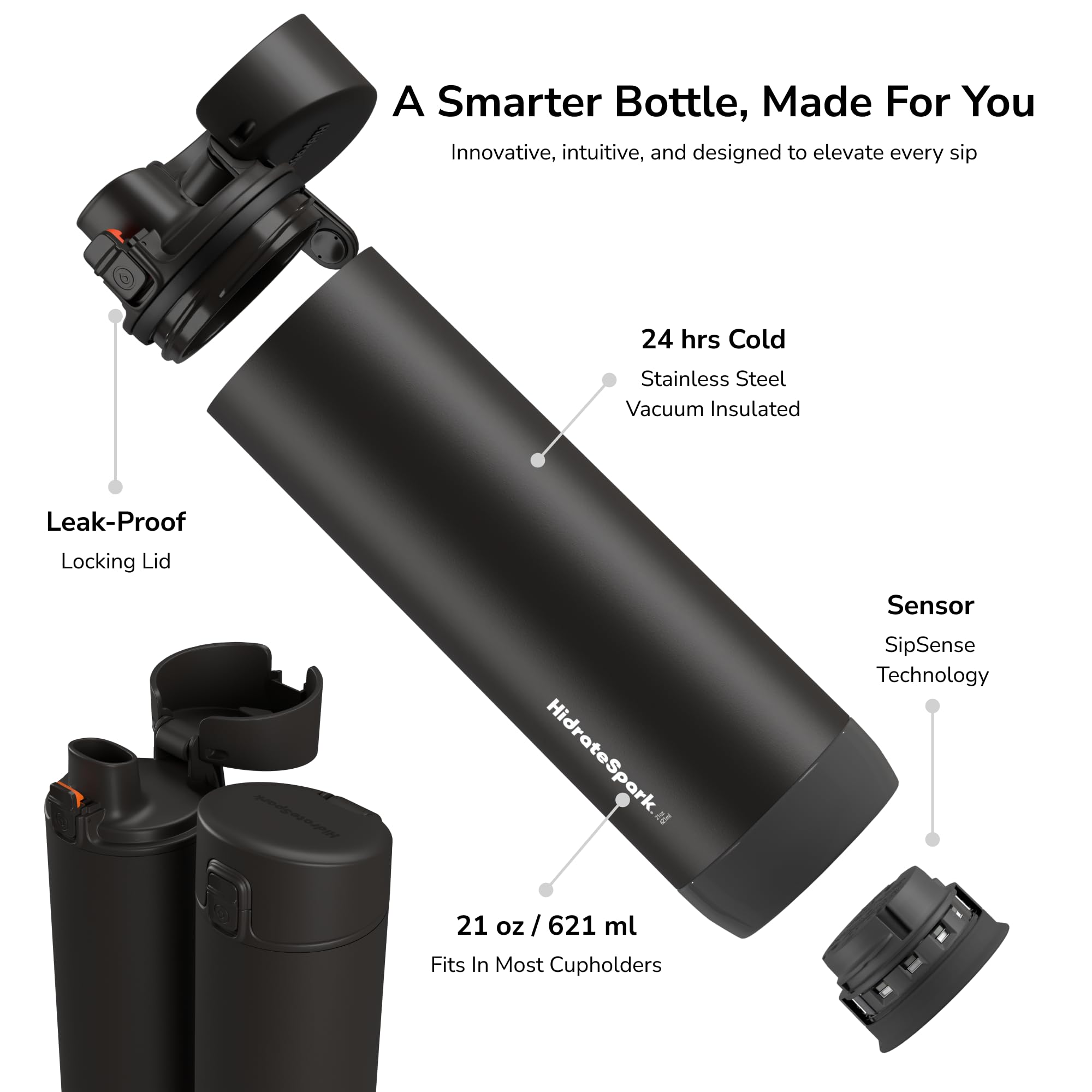 Hidrate Spark Pro Smart Water Bottle - Tracks Water Intake With Bluetooth, Led Glow Reminder When You Need To Drink - Chug Lid,