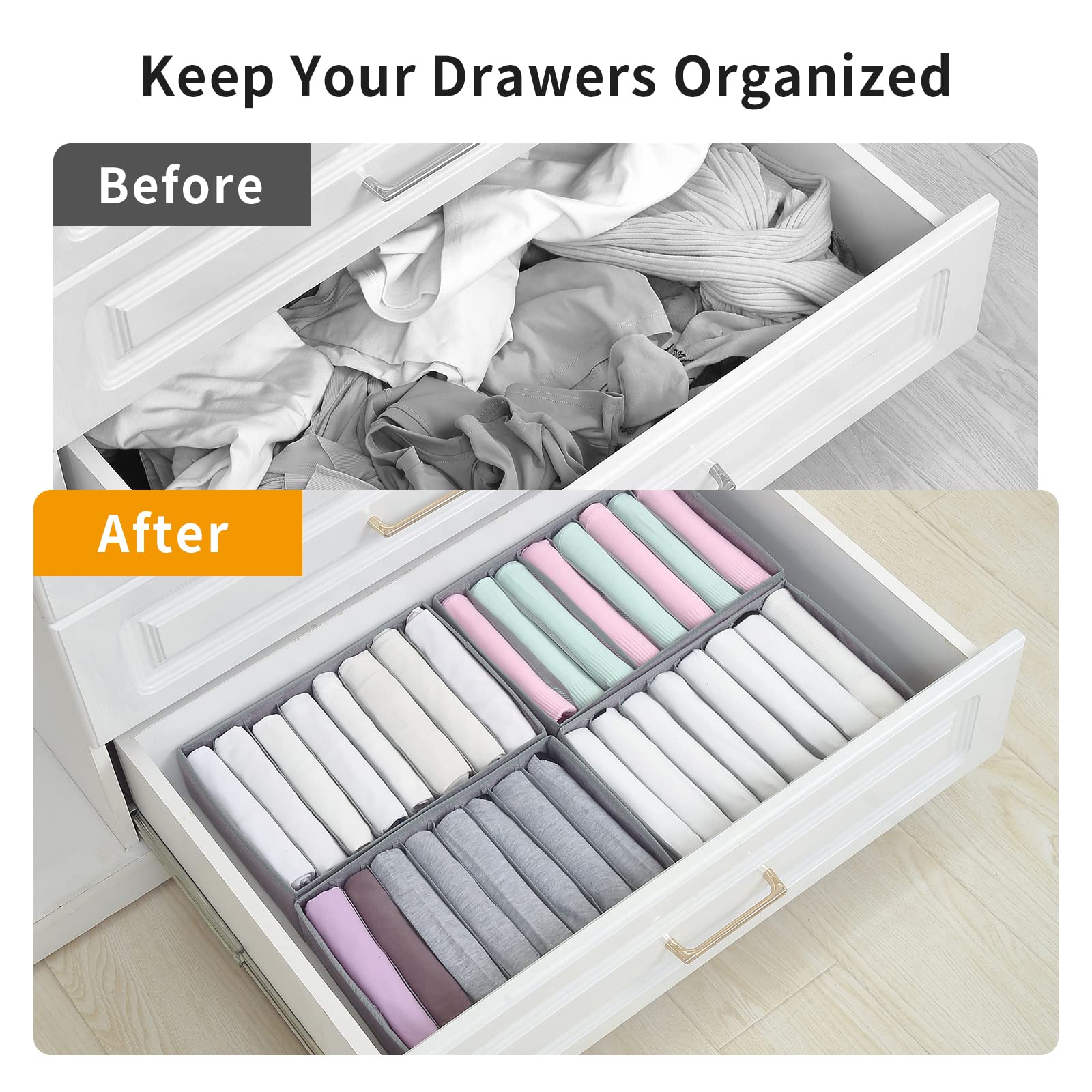 Qozary 4 Pack Drawer Organizers for Clothing, 8 Grids Foldable Closet Organizers and Storage Bins for Bedroom, Dresser Organizer