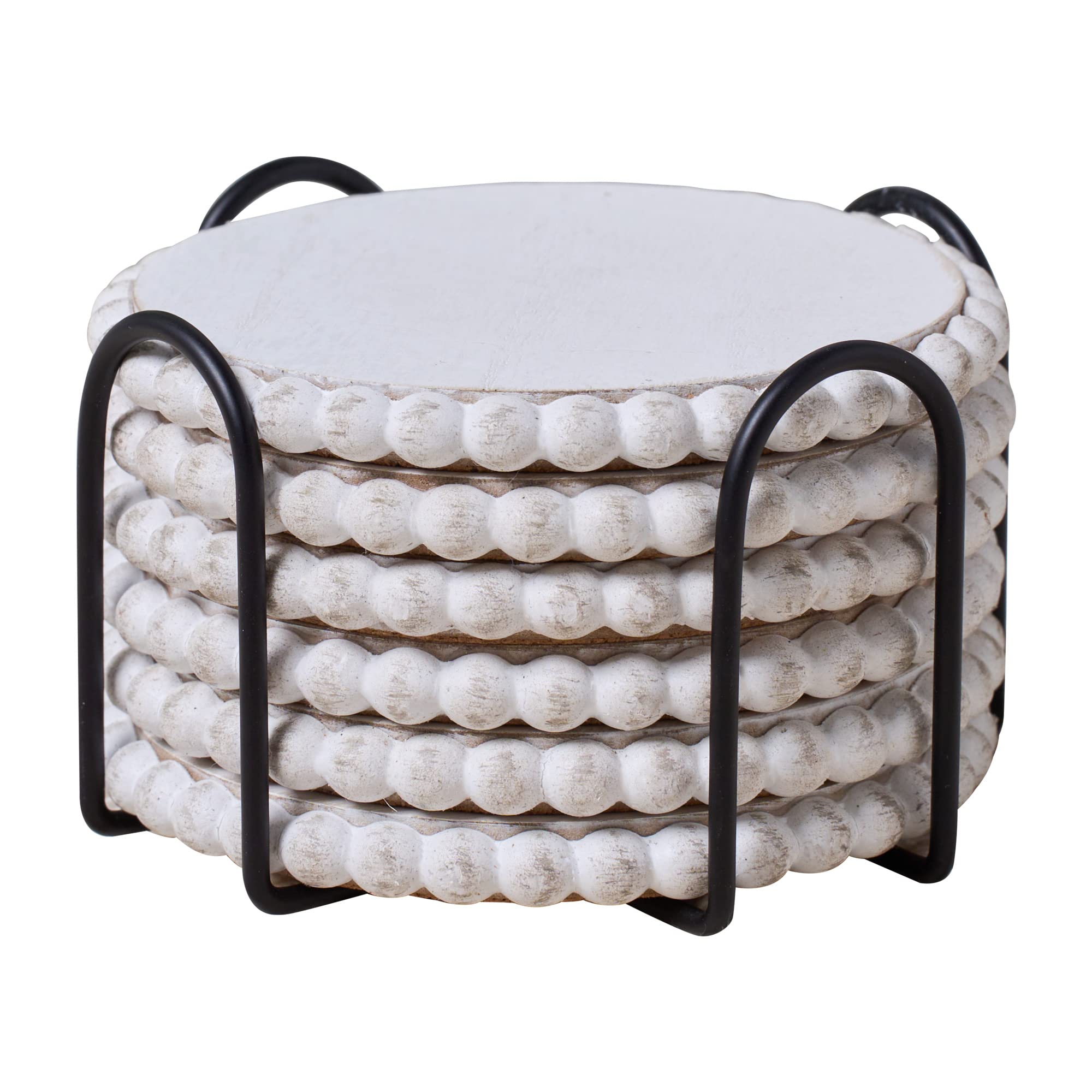 Genmous 6 Pack Farmhouse Wooden Bead Coasters With Metal Holder For Coffee Table Decor, Round Handmade Cup Coasters Set For Drin