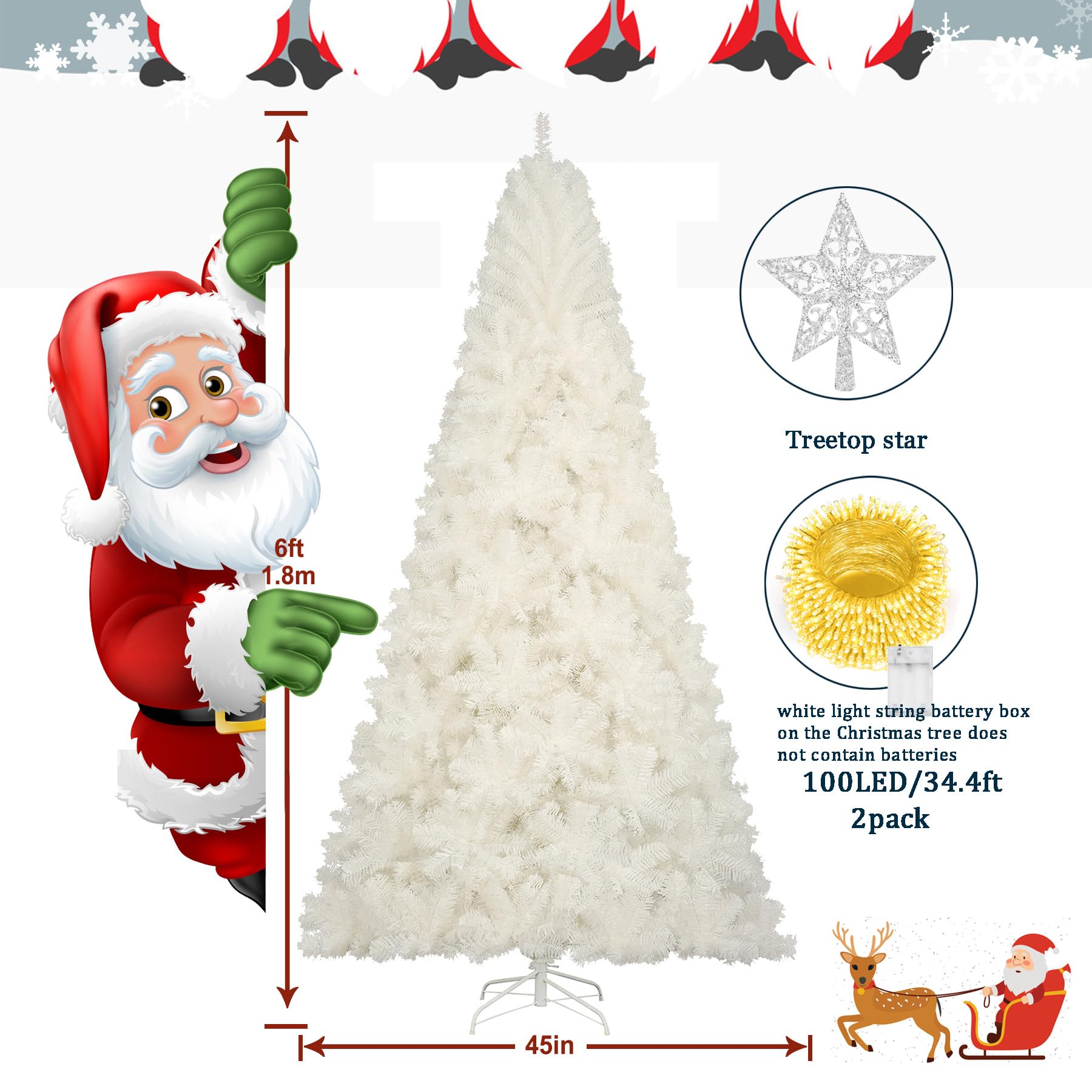 6ft White Christmas Tree, Xmas Tree Artificial Christmas White Trees with 1005 Branch Tips and Decorations(1pcs Top Star, 2set 2
