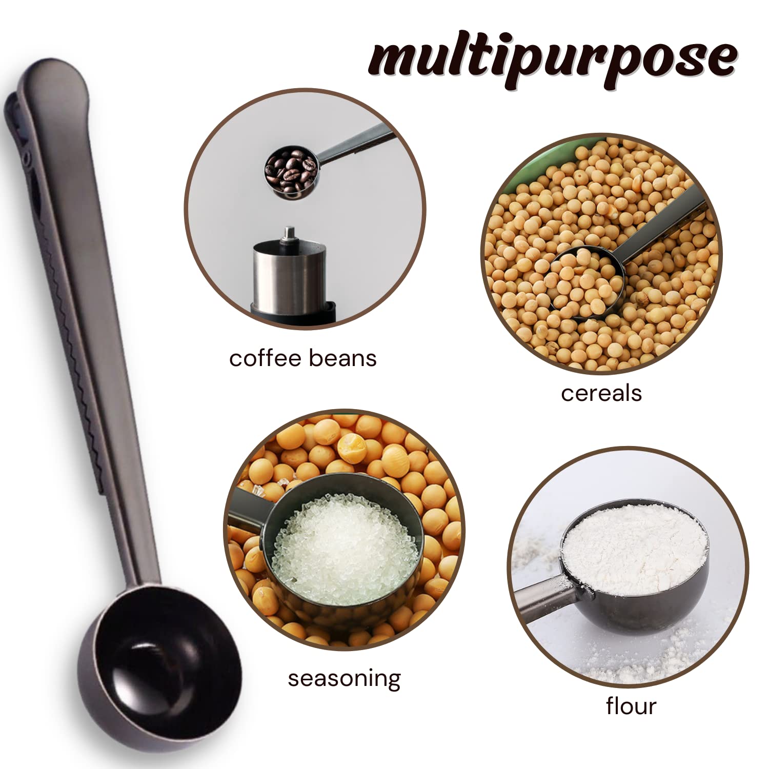 Crethinkaty 2 In 1 Coffee Scoop And Bag Clip, Stainless Steel Coffee Scoop With Bag Clip, For Ground Coffee And Beans, Black, 6.