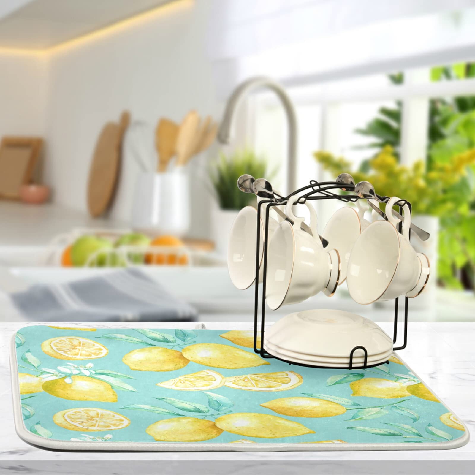 Absorbent Dish Drying Mat For Kitchen Counter - Yellow Lemon Teal Background Microfiber Drying Pad, Reversible Drainer Mats For