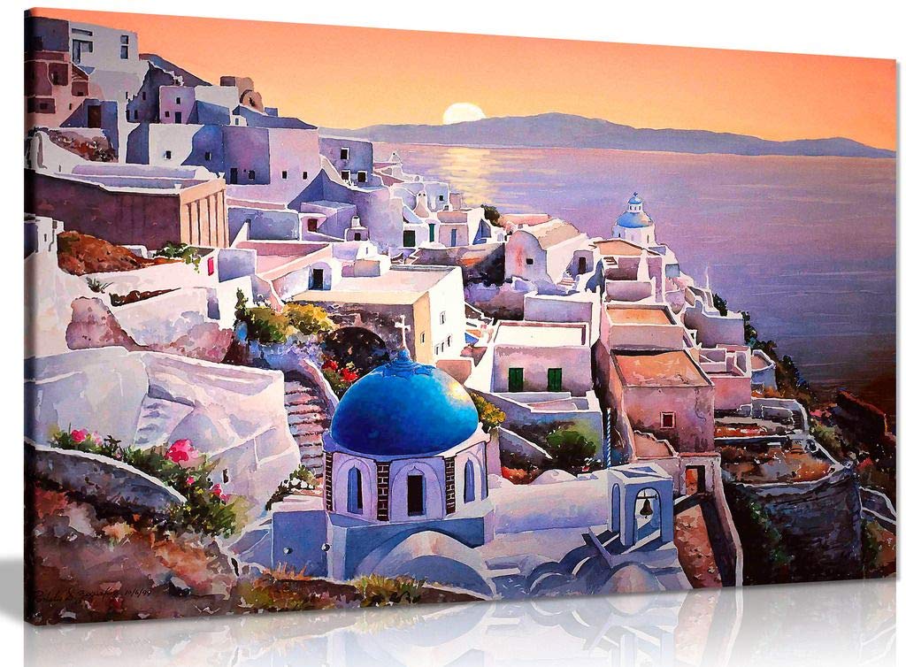 Santorini Greece At Sunset Canvas Wall Art Picture Print (12X8In)
