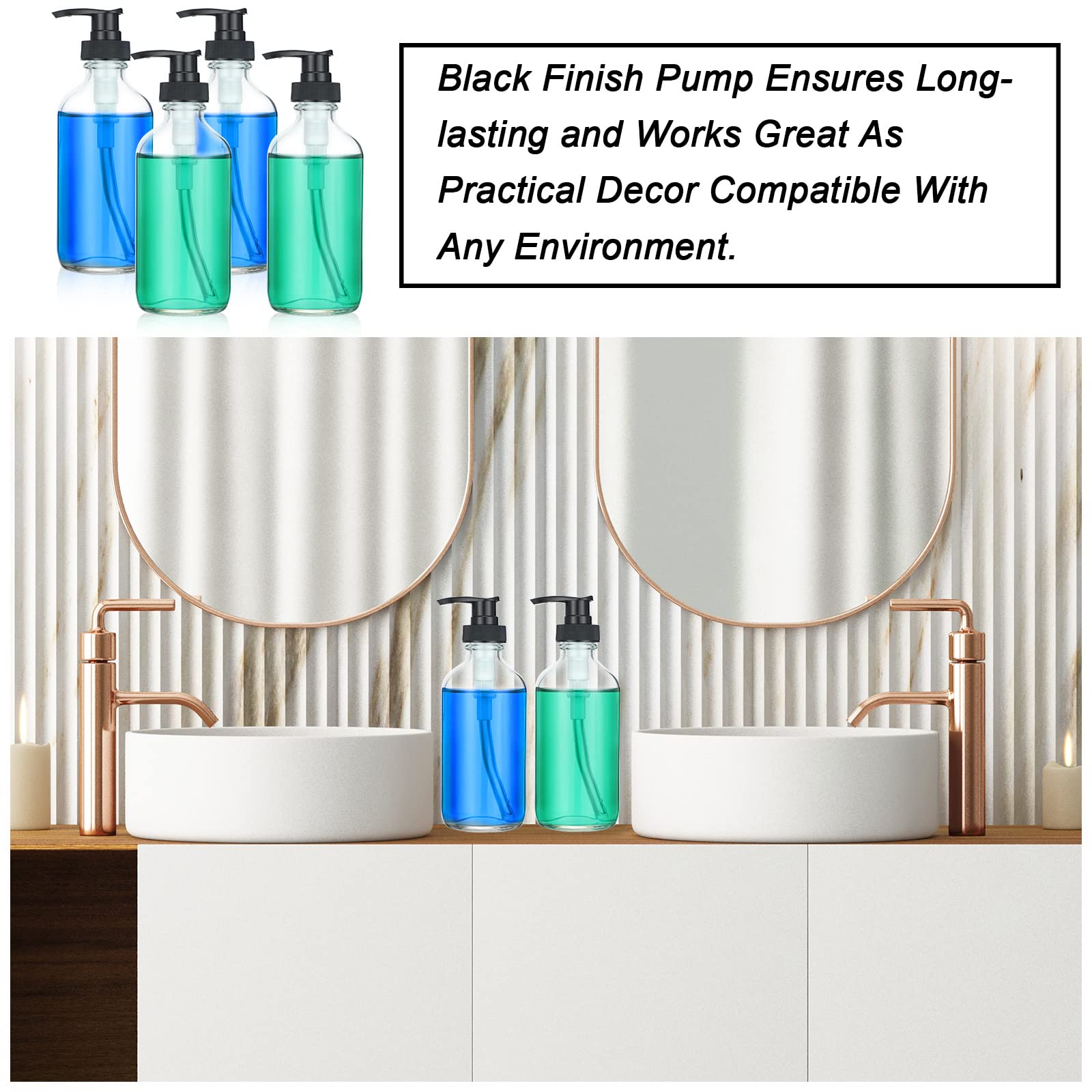 8 Pack Glass Pump Bottles With Black Lotion Pumps, 8 Oz Refillable Pump Bottles Dispenser Thick Glass Lotion Soap Shampoo Contai