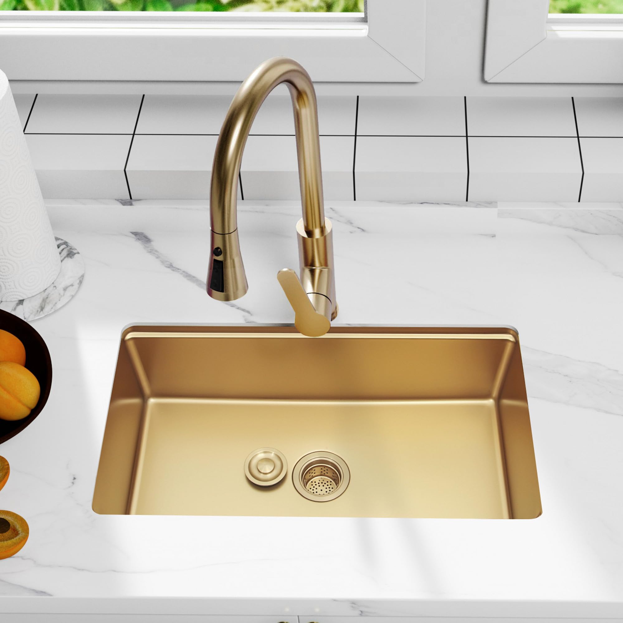 LQS Kitchen Sink Drain Strainer Assembly  Sink drain 304 Stainless Steel with Removable Deep Waste Basket and Sealing Lid 3-1/2-inch Golden