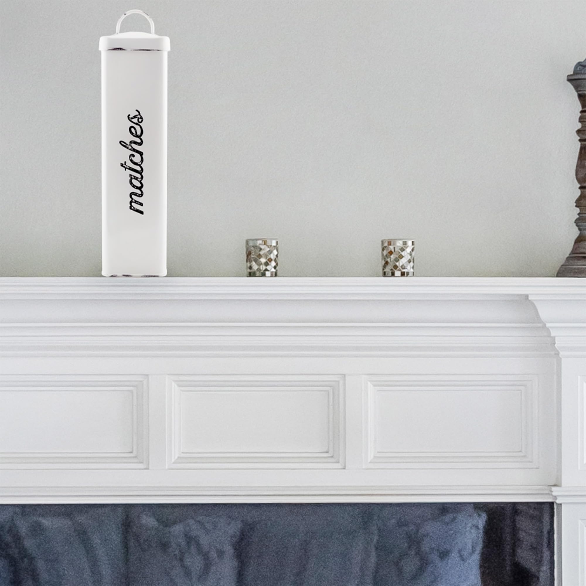 Auldhome Design Enamelware Fireplace Matches Holder (White), Farmhouse Storage Container For Long Safety Matches