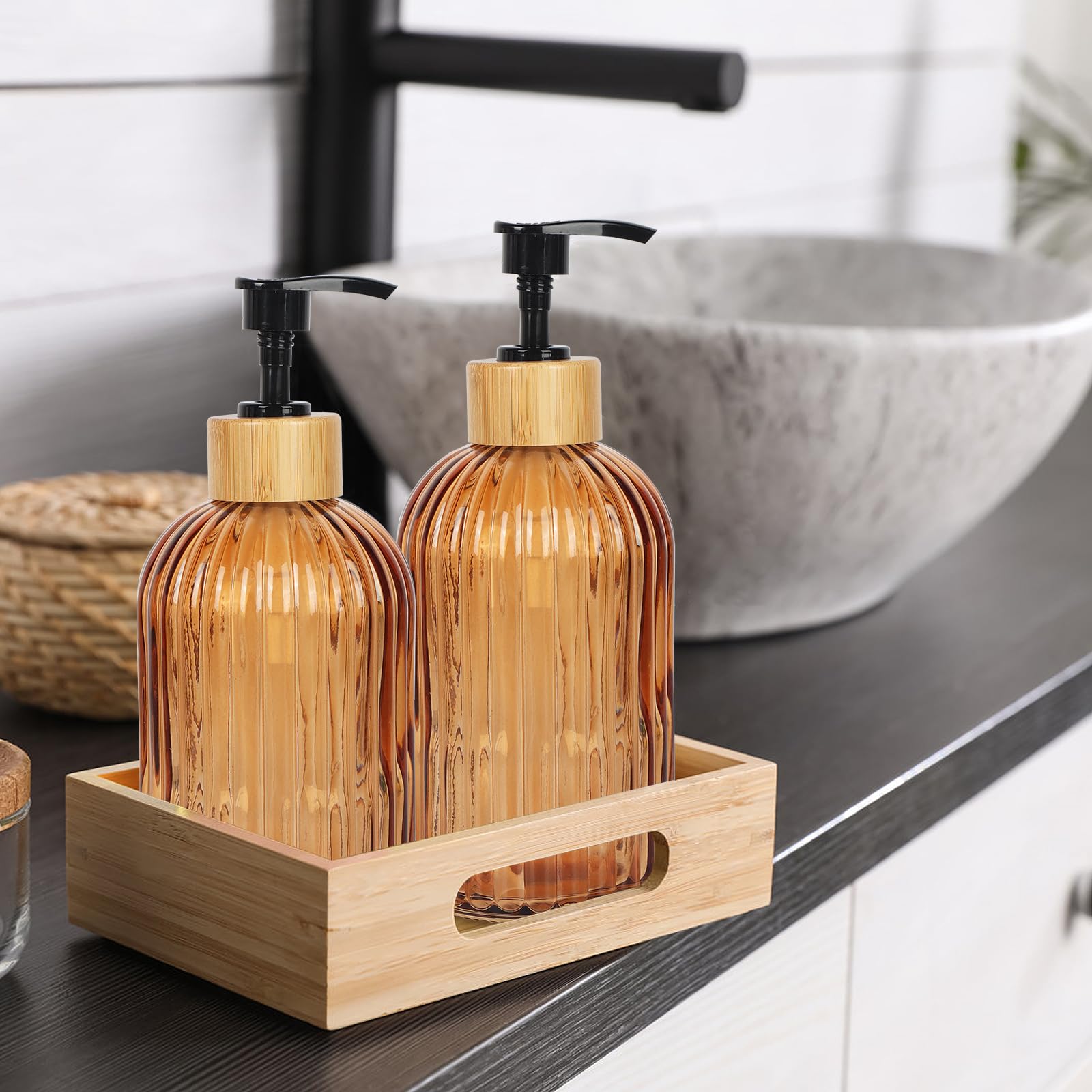 Ulable Amber Glass Soap Dispenser With Pump, 2 Pack 13.5Oz Vertical Stripe Design Hand Soap Dispenser For Hand Wash, Dish Wash,