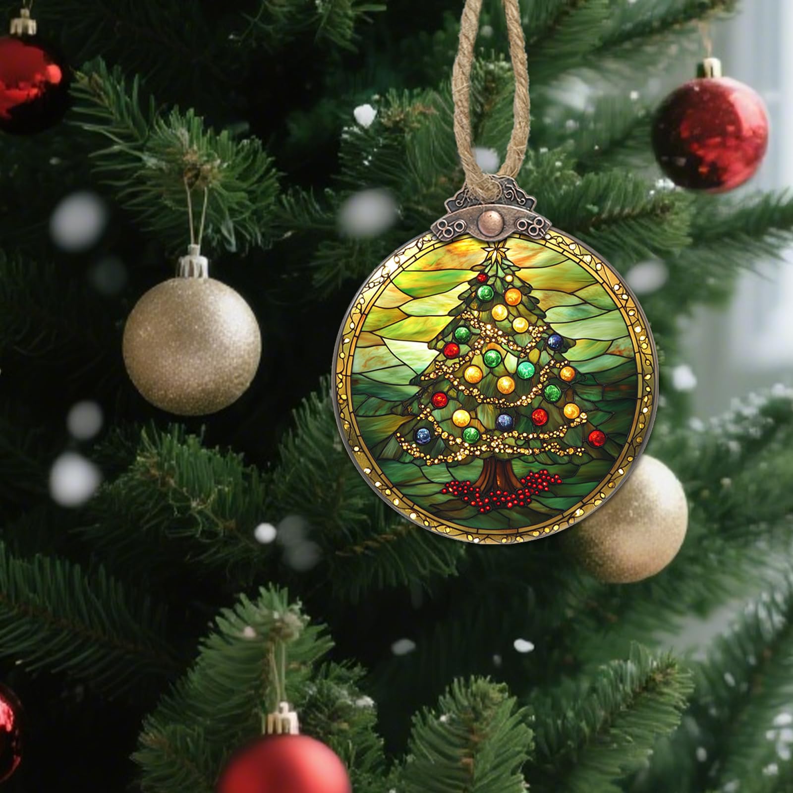 DASTOLL Stained Glass Christmas Decorations, Green Suncatcher for Window Christmas Tree Ribbon Ball Hanging Ornaments Sun Catche