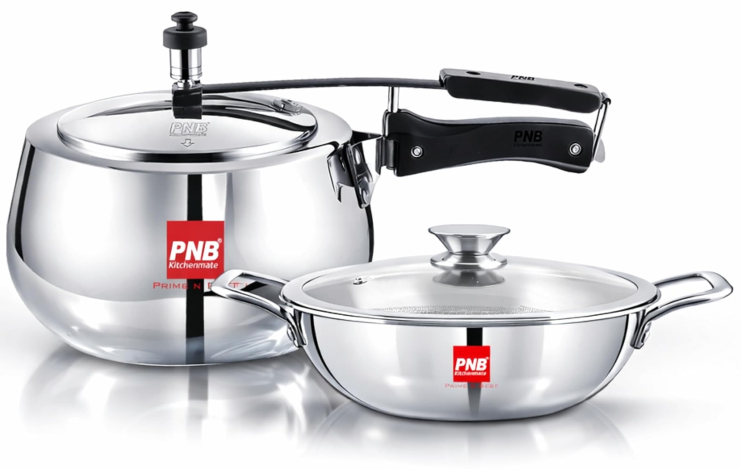 PNB Kitchenmate ISI Certified Induction friendly cookware | Triply pressure cooker 3 litre and Triply stainless steel kadai 22 
