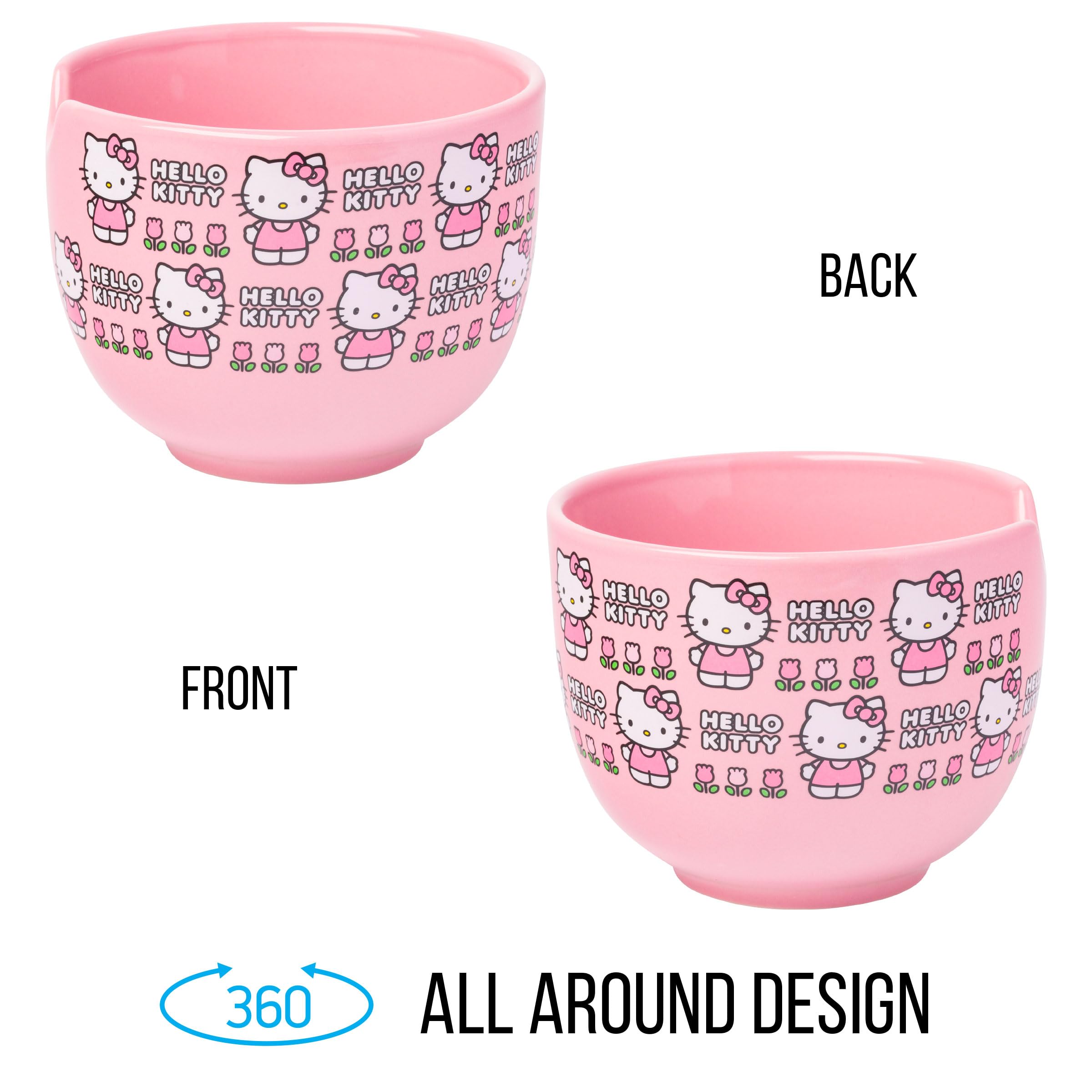 Silver Buffalo Sanrio Hello Kitty Flowers Pattern Ceramic Ramen Noodle Rice Bowl with Chopsticks  Microwave Safe  20 Ounces