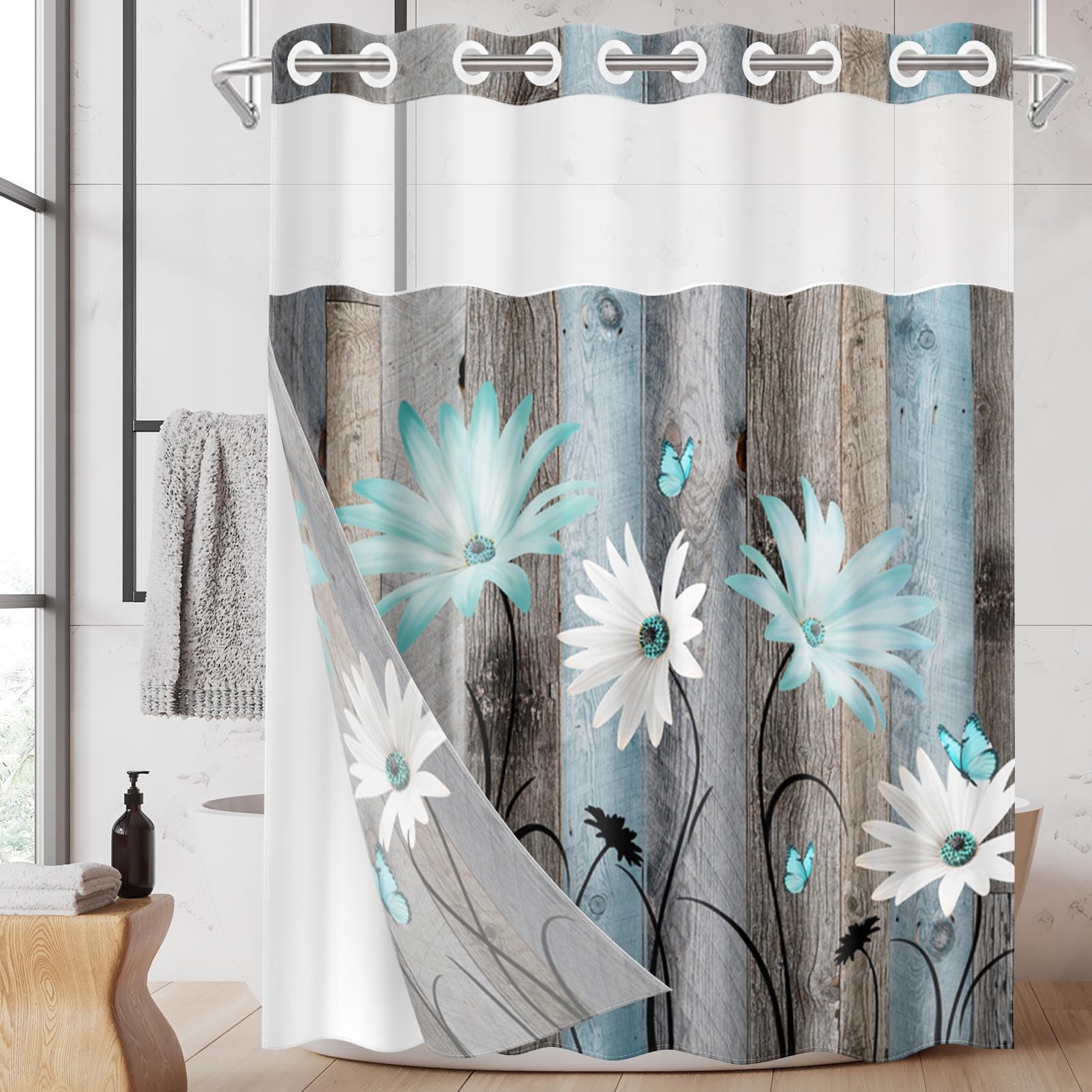 Nesphy No Hook Rustic Farmhouse Shower Curtain With Snap In Fabric Liner Set, Teal Daisy Flowers And Butterfly On Wooden Double