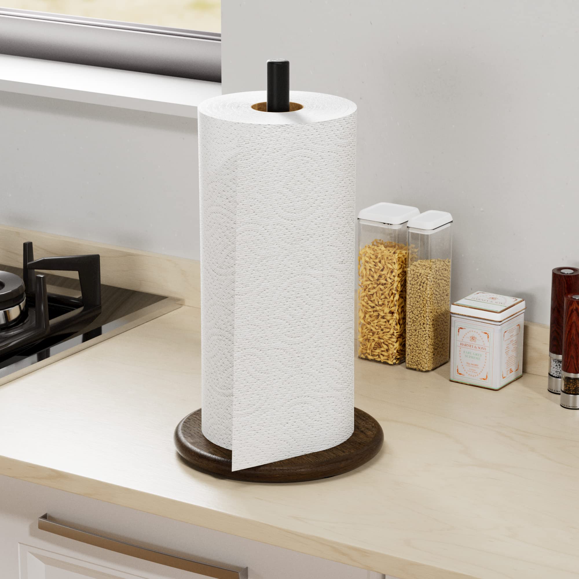 Black Paper Towel Holder Stand With Exquisite Wood Round Base, Niffgaff Free-Standing Paper Towel Roll Dispenser For Kitchen Cou
