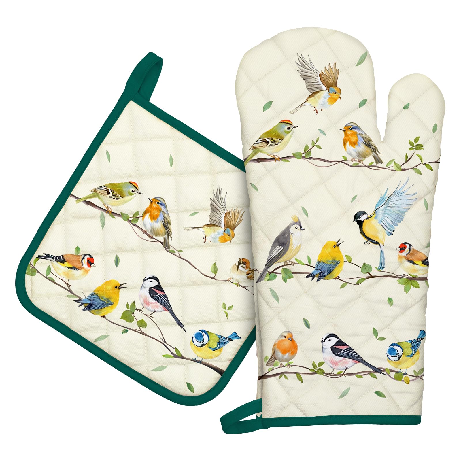 Arquiel Bird Branch Oven Mitts And Pot Holders Sets 2Pcs, 100% Cotton Heat Resistant, Extra Long Oven Gloves Potholder For Kitch