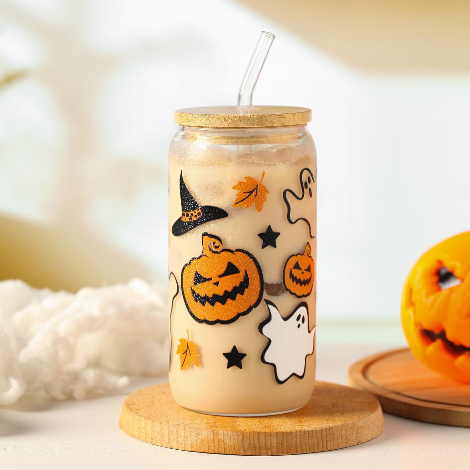 Halloween Pumpkin Ghost Glass Cup with Lids and Straws, 16 oz Glass Tumbler, Spooky Iced Coffee Mug for Smoothie, Cute Halloween