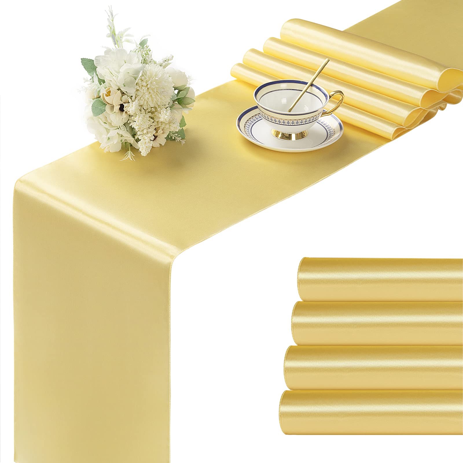 Manyshofu 4Pcs Satin Yellow Gold Table Runner - 12 X 108 Inch Long Size, Party Table Runner Decor Bright & Smooth Wedding Decora