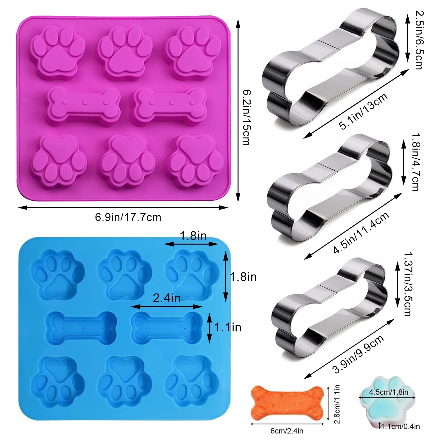 Liudhpsp Set Of 6, 3 Packs Silicone Molds Puppy Dog Paw & Bone Shaped 2 In 1 And Stainless Steel Cookie Cutter,For Homemade Trea