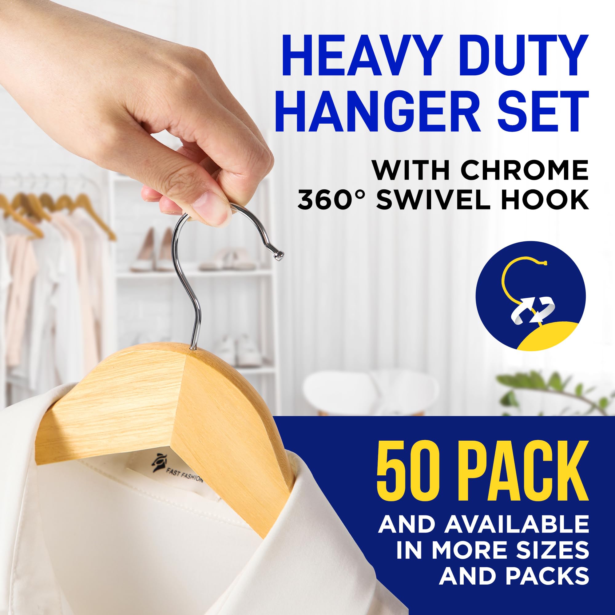 Lifemaster Wooden Hanger Set - 50 Pieces Non-Slip Versatile Closet Space-Saving Hanger Set For Suit, Coat, Camisole, Jacket, Pan