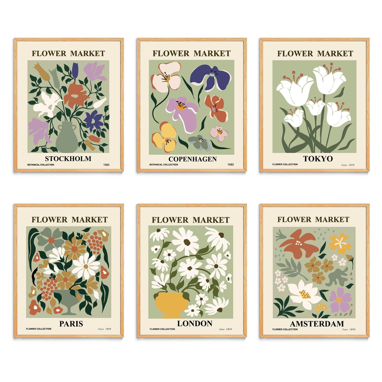 Xbygimi Sage Green Flower Market Poster Set Of 6, Abstract Flower Market Prints For Wall Decor, Gallery Aesthetic Room Wall Art,