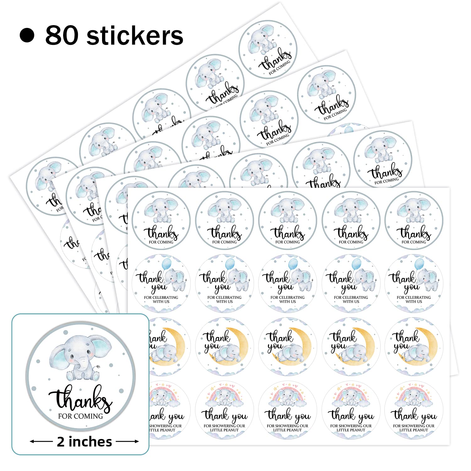 80 Pieces Cute Elephant Thank You Stickers, Baby Shower Birthday Party Decorate Watercolor Elephant Themed Party Gift Wrap Bag L