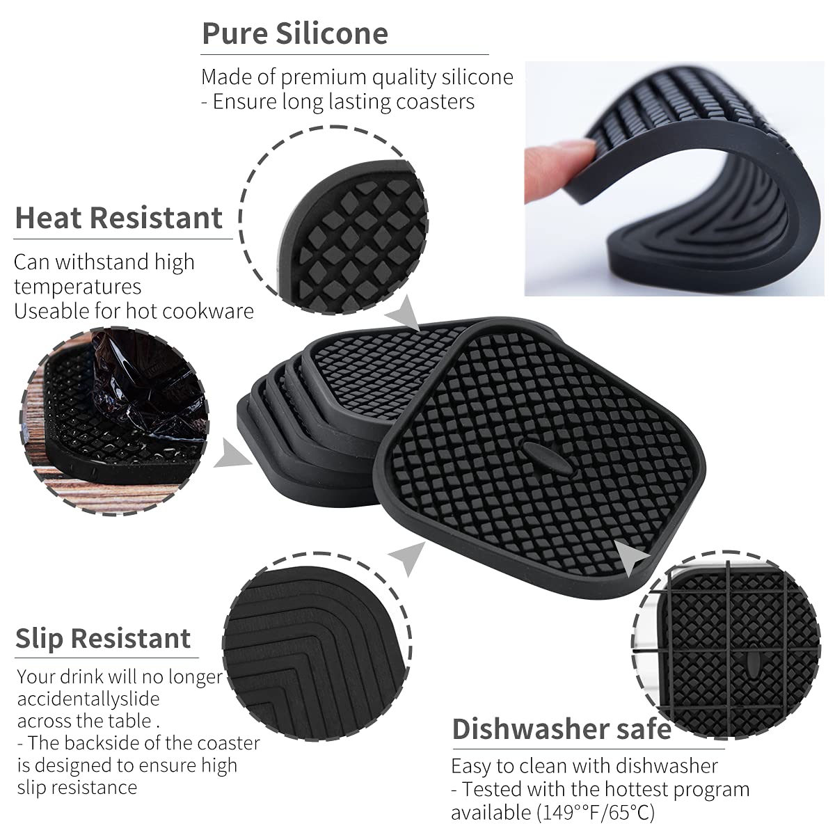 Iyyi Silicone Coasters Set Of 6, Drink Coasters With Holder, Non-Slip Cup Mat, Deep Tray Absorbent Coaster, Heat Resistant Count