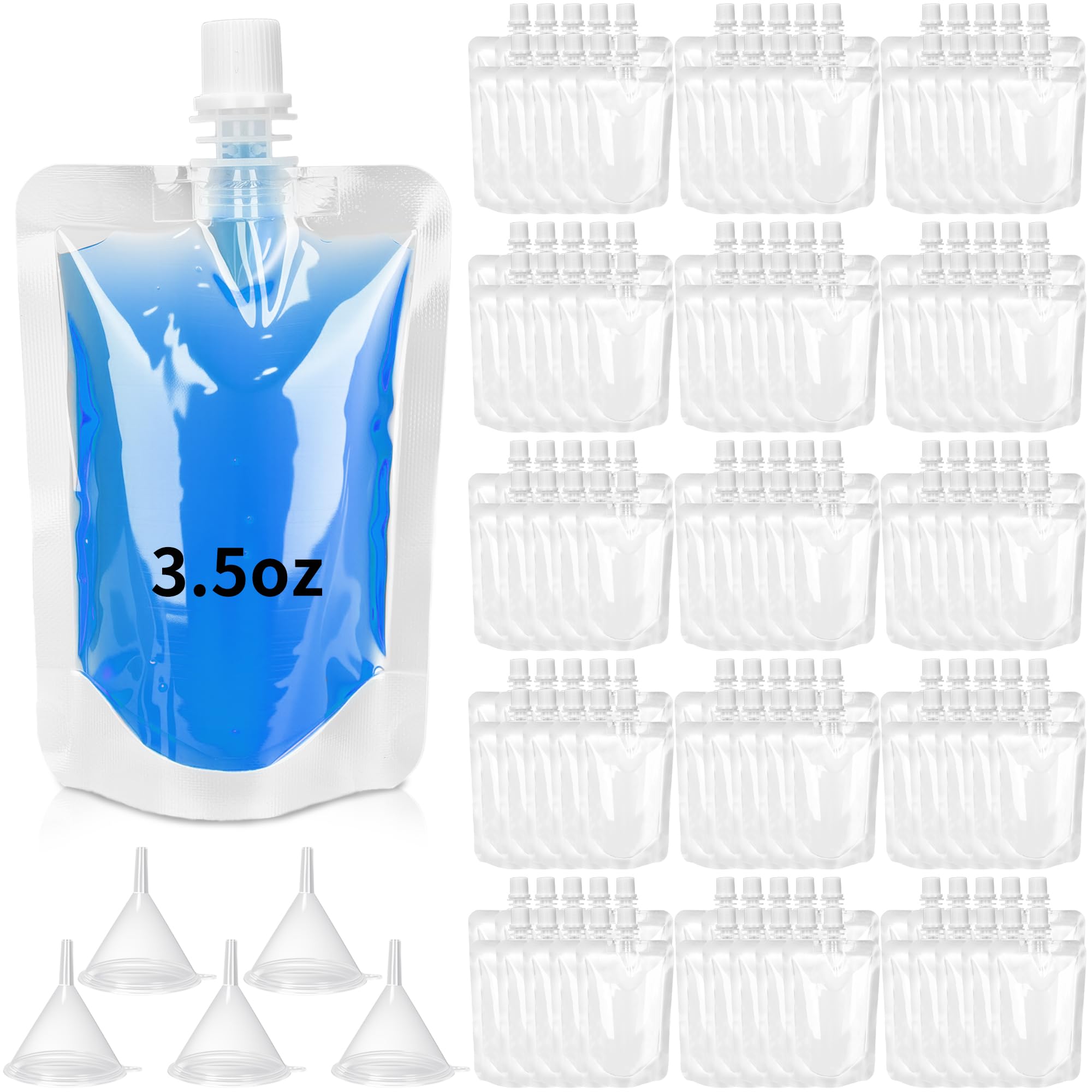 150 Pcs 3.5 oz Plastic Flasks Clear Drink Pouches Bulk Leak Proof Juice Bags with 5 Funnel for Travel Party Favors