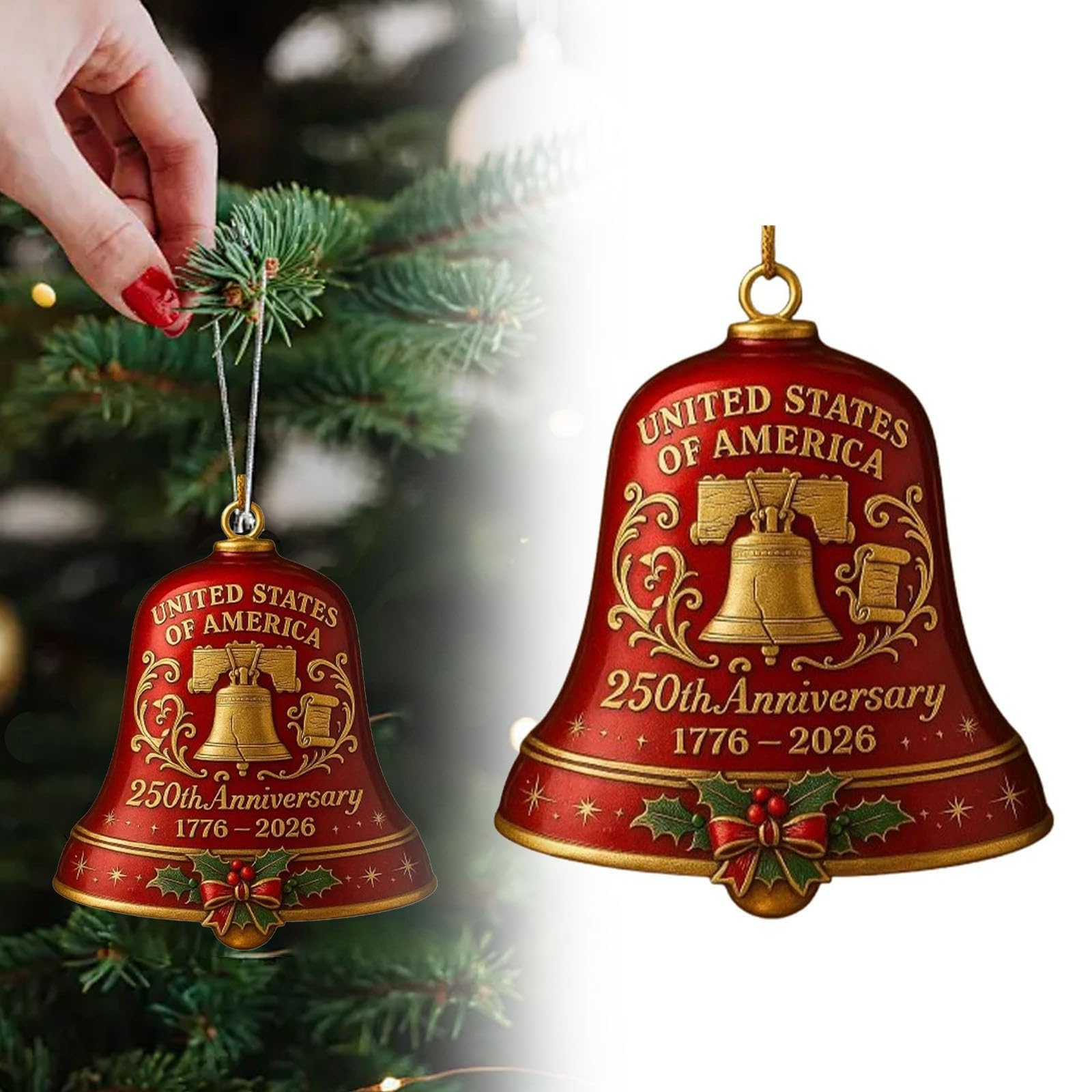 USA 250th Anniversary Bell Ornament Red & Gold Commemorative Hanging Decor, Christmas Ornament for Patriotic Holidays, Xmas Tree