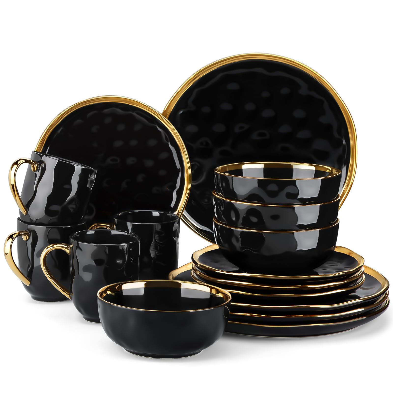 LOVECASA Black and Gold Dishes Sets, Stoneware Dinnerware Sets for 4, 16 Piece Plates and Bowls Sets, Handmade Dinnerware with G