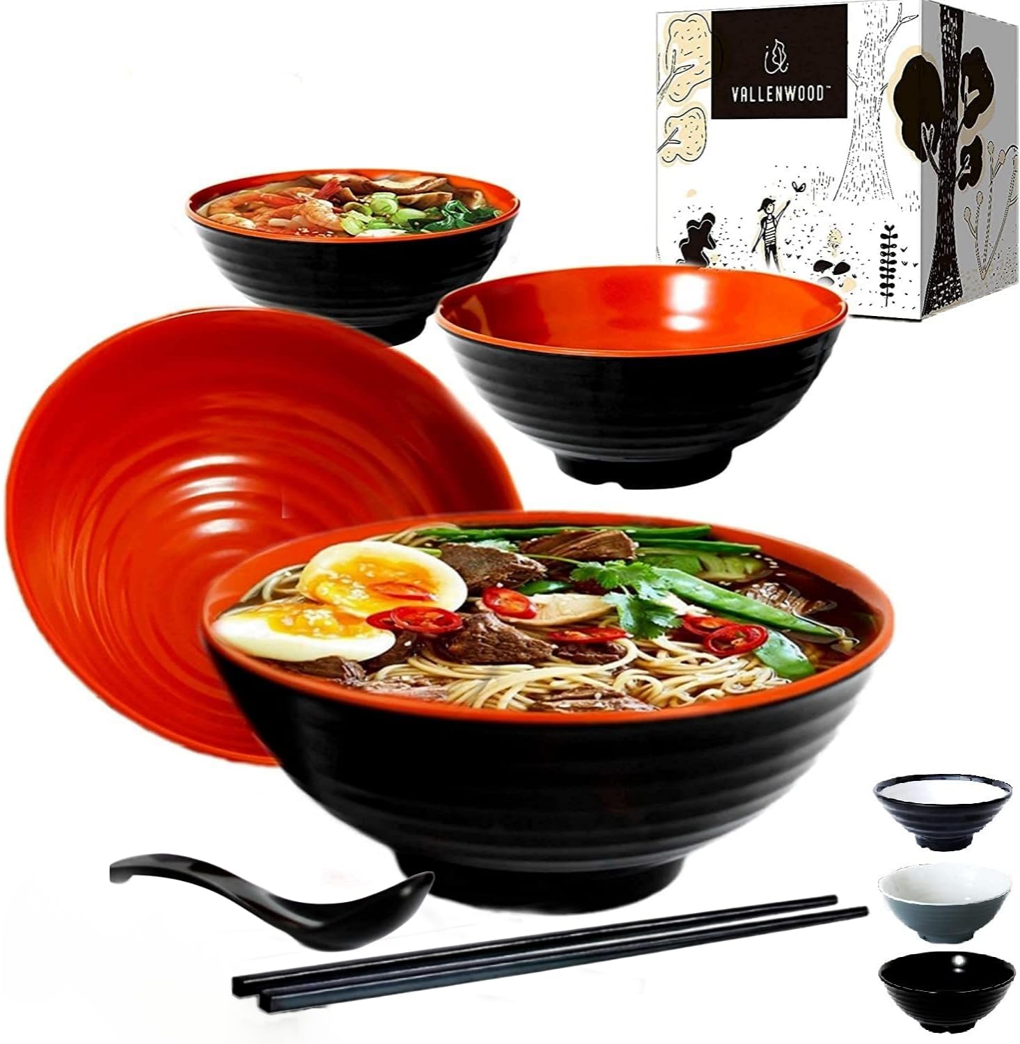 4 Ramen Bowls, 12 Pieces Pho Set. Red Black Asian Japanese Soup. Utensil: Spoons And Chopsticks Kit. Melamine. Large 37 Oz. Nood