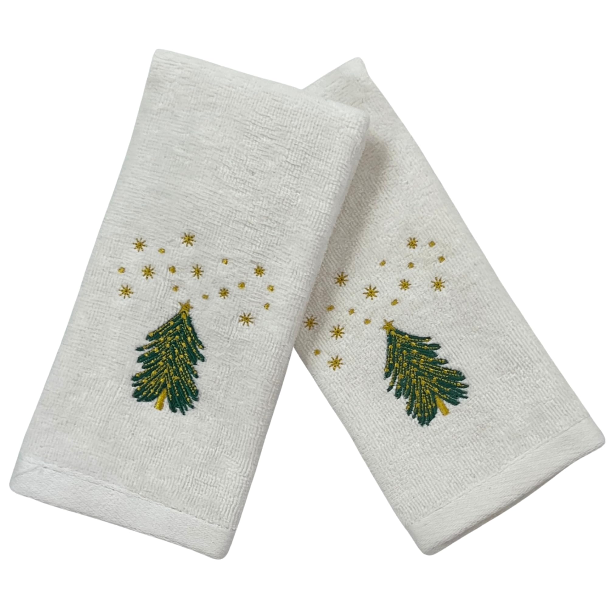 Luxury Holiday Christmas Fingertip Towel Set, Decorated Embroidered Rustic Holiday Tree Under The Stars, Velour Terry Cotton Whi