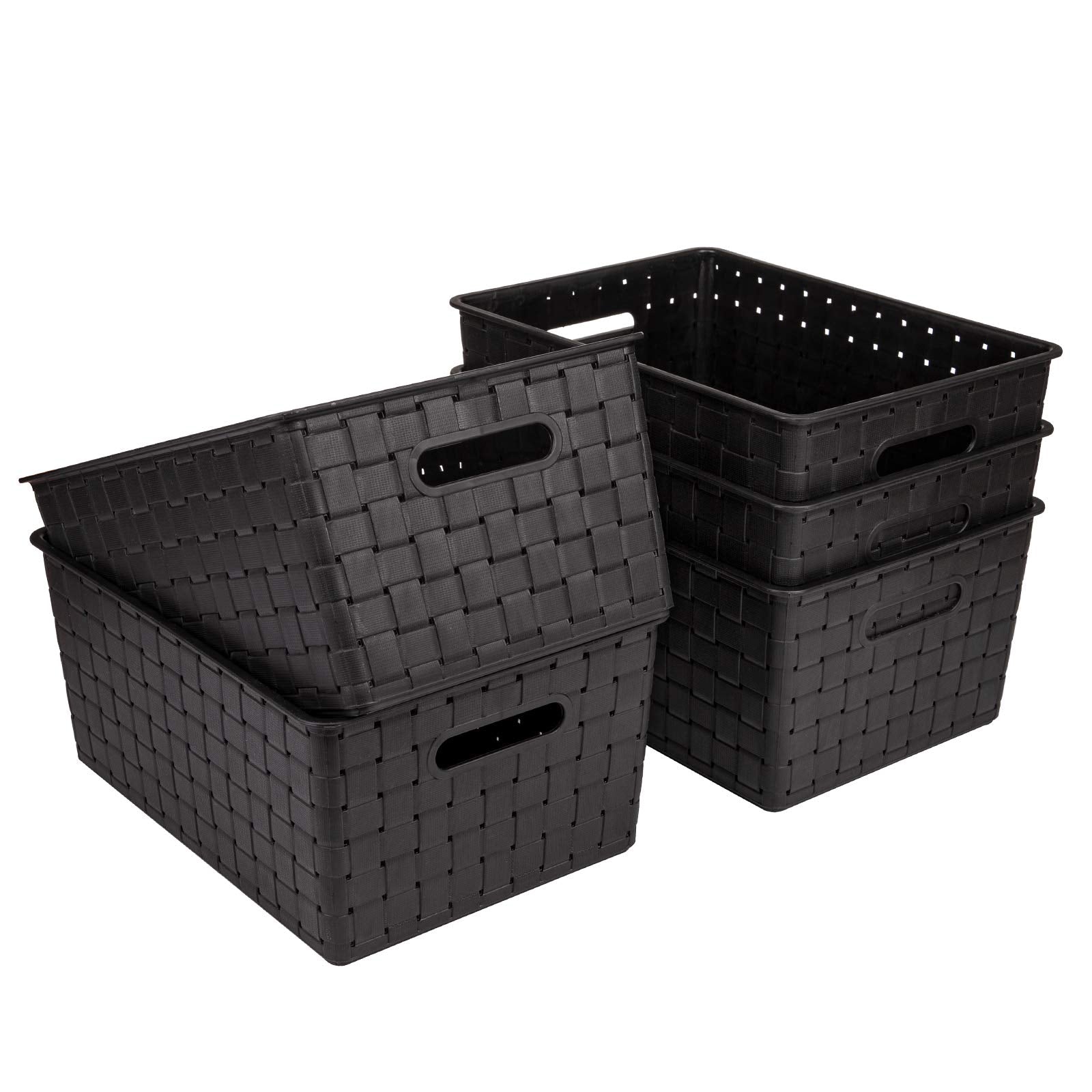 Bekith 5 Pack Woven Plastic Storage Basket, Woven Basket Bin, 10'' L X 7'' W X 4.4'' H, Black