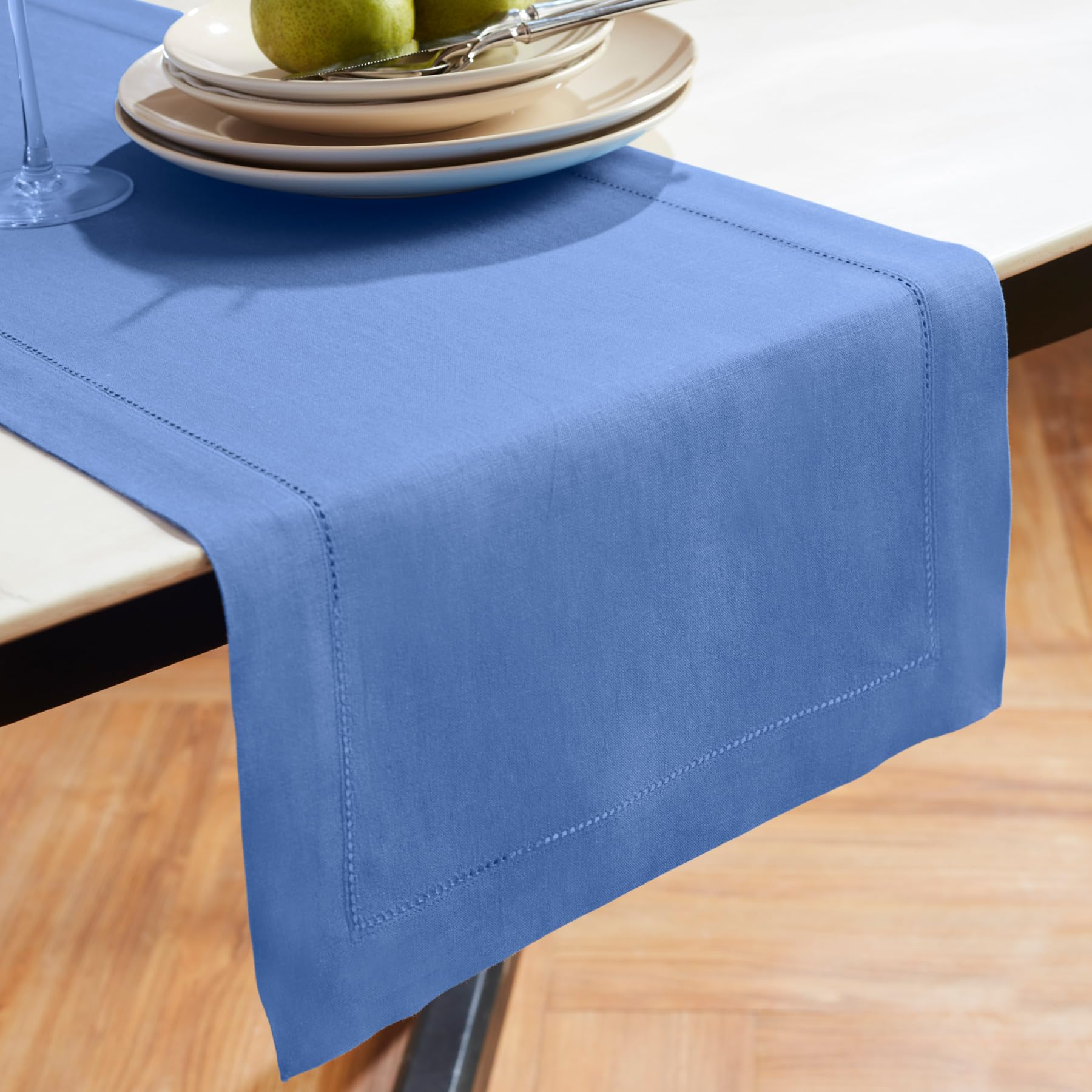 Solino Home Linen Blue Table Runner 60 Inch - 100% Pure Linen Hemstitch Short Table Runner 14 X 60 Inch Ideal For Dresser And Co