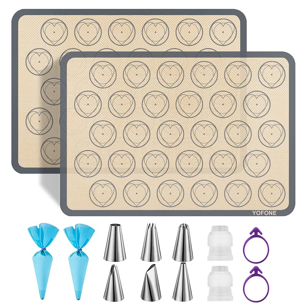 Yofone Silicone Baking Mats, Macaron Baking Mat With Kit Sets, 6 Piping Tip, 2 Piping Bag And 2 Bag Tie - Reusable Non Stick Lin