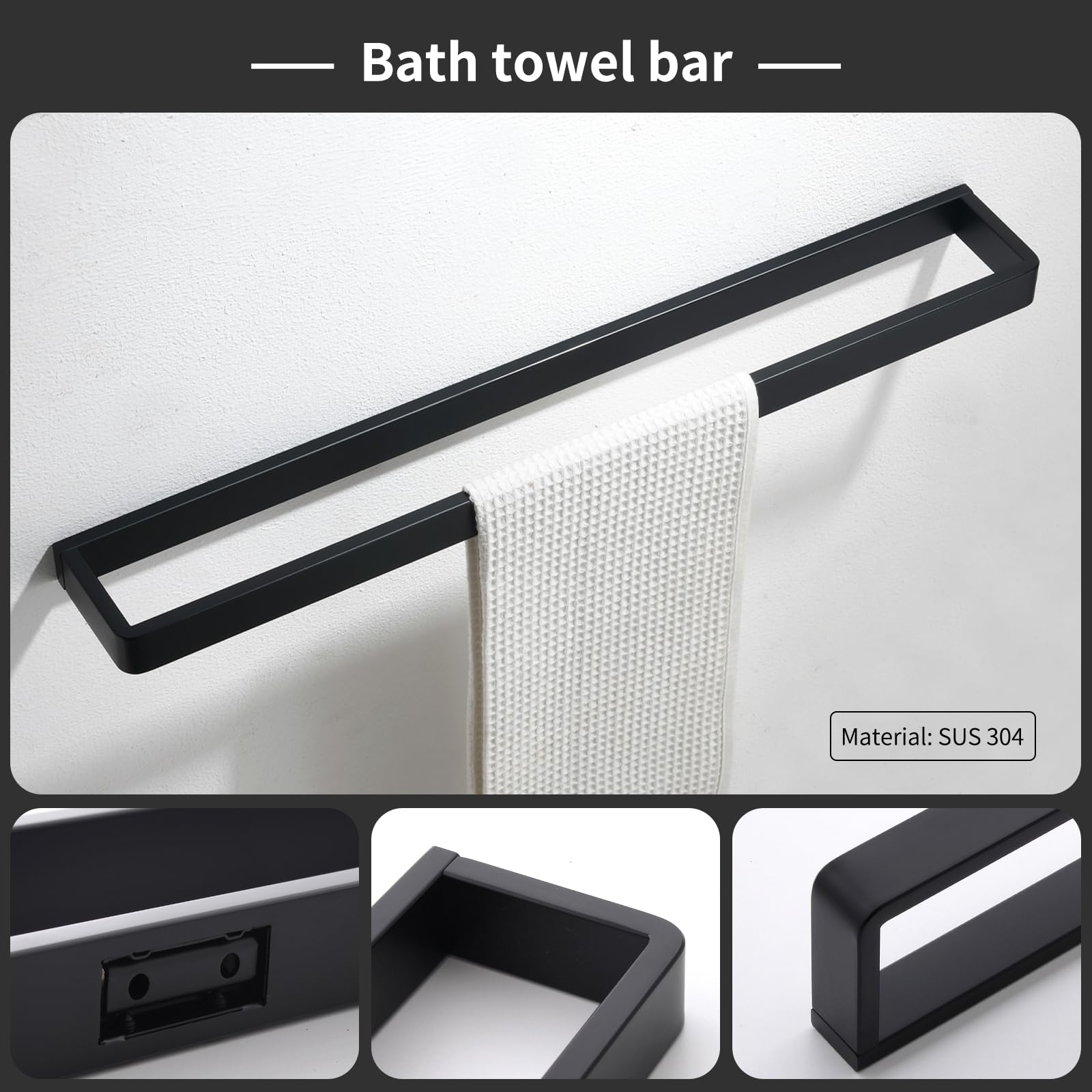 Yacvcl 4-Piece Matte Black Bathroom Hardware Accessories Set, Bath Towel Bar Set Sus304 Stainless Steel, Round Towel Racks For B