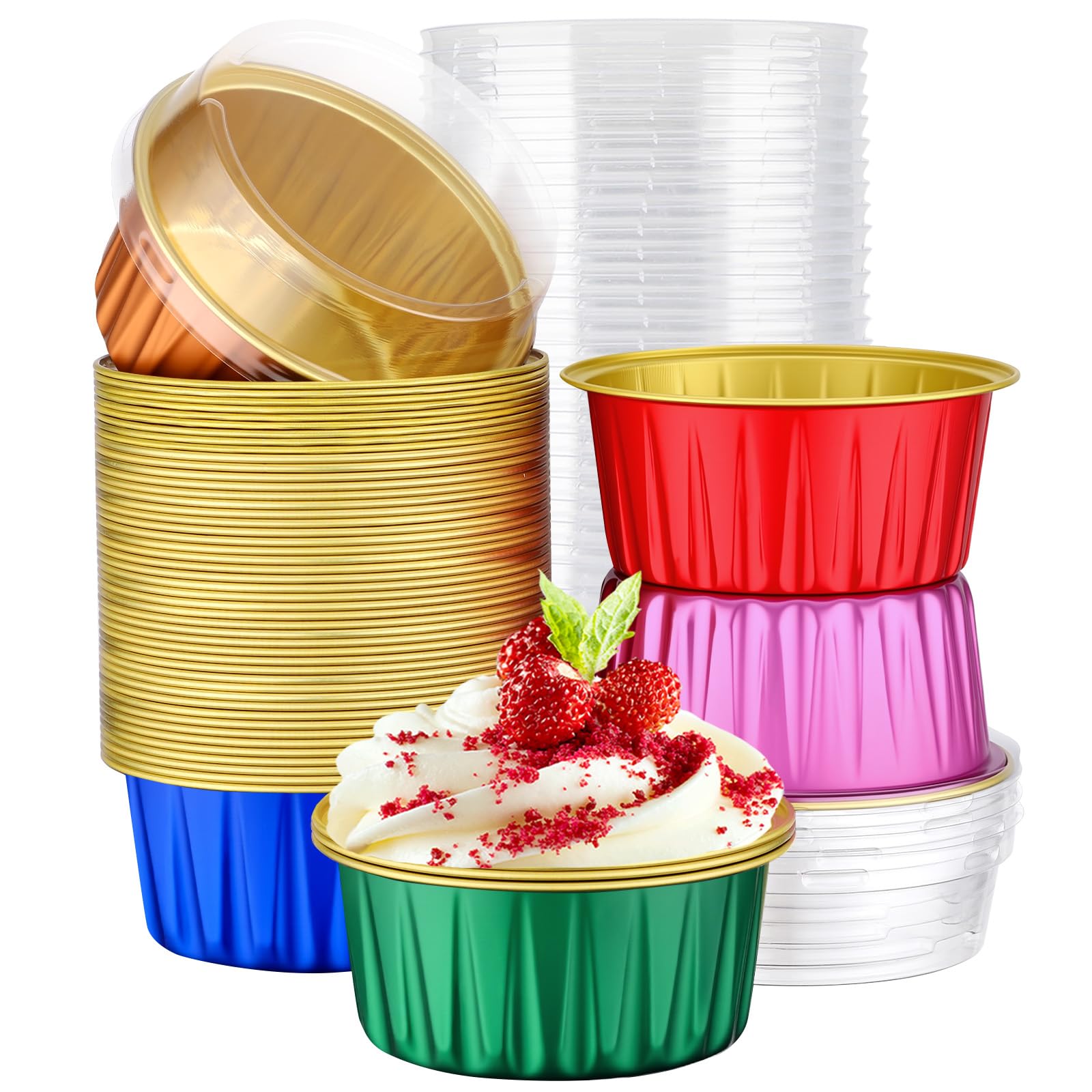 EUSOAR Mini Cheesecake Pans, 50pcs 5oz Muffin Cups with Lids Mini Cheesecake Pans, Disposable Dessert Baking Cup Custard Flan Mo