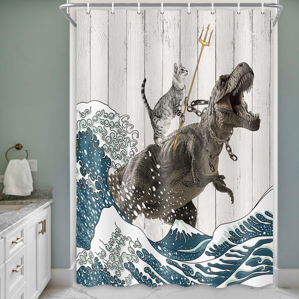 Boziqr Funny Cat Shower Stall Curtain  Cool Cat Dinosaur Japanese Ocean Wave Decor Fabric Bathroom Curtains  Kids Children Rustic Wooden Farmhouse Shower Curtain  48 X 70 Inches