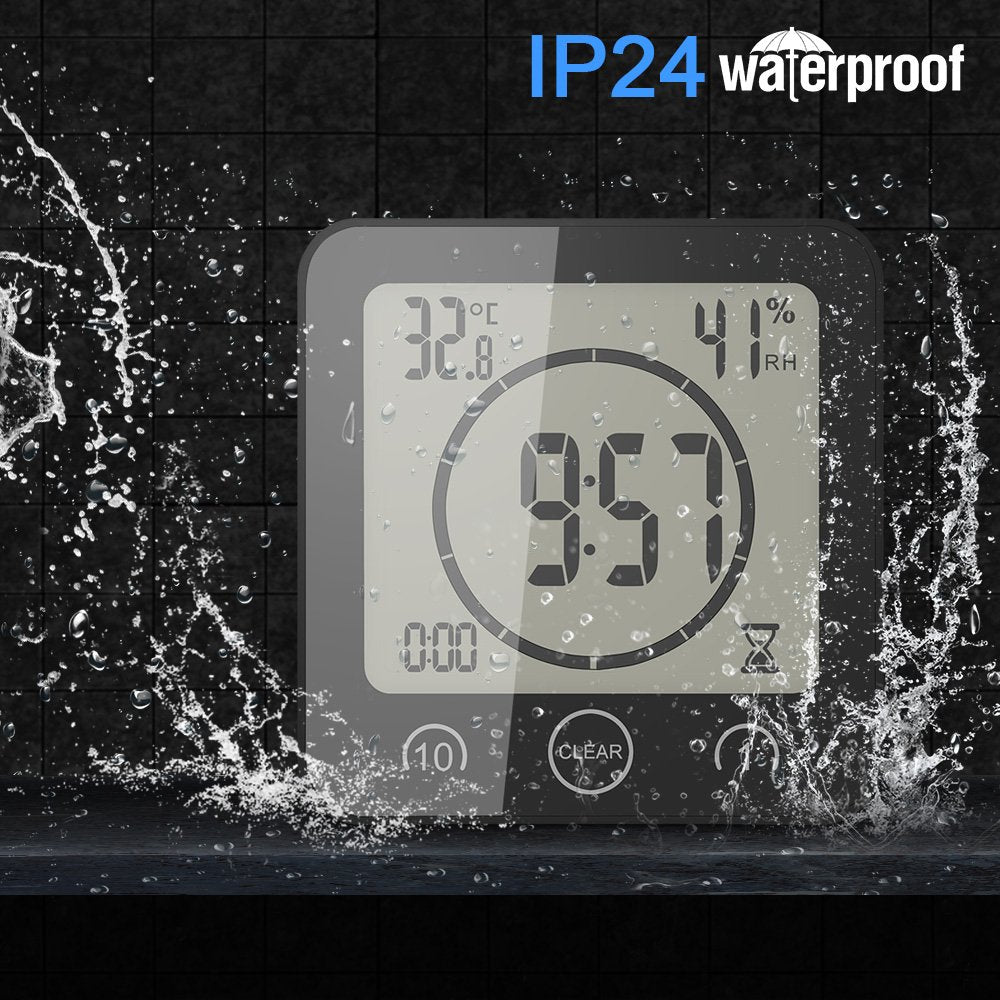 Aozbz Shower Wall Clock, Digital Kitchen Timer With Alarm, Waterproof Touch Screen Timer, Temperature Humidity Display With Suct