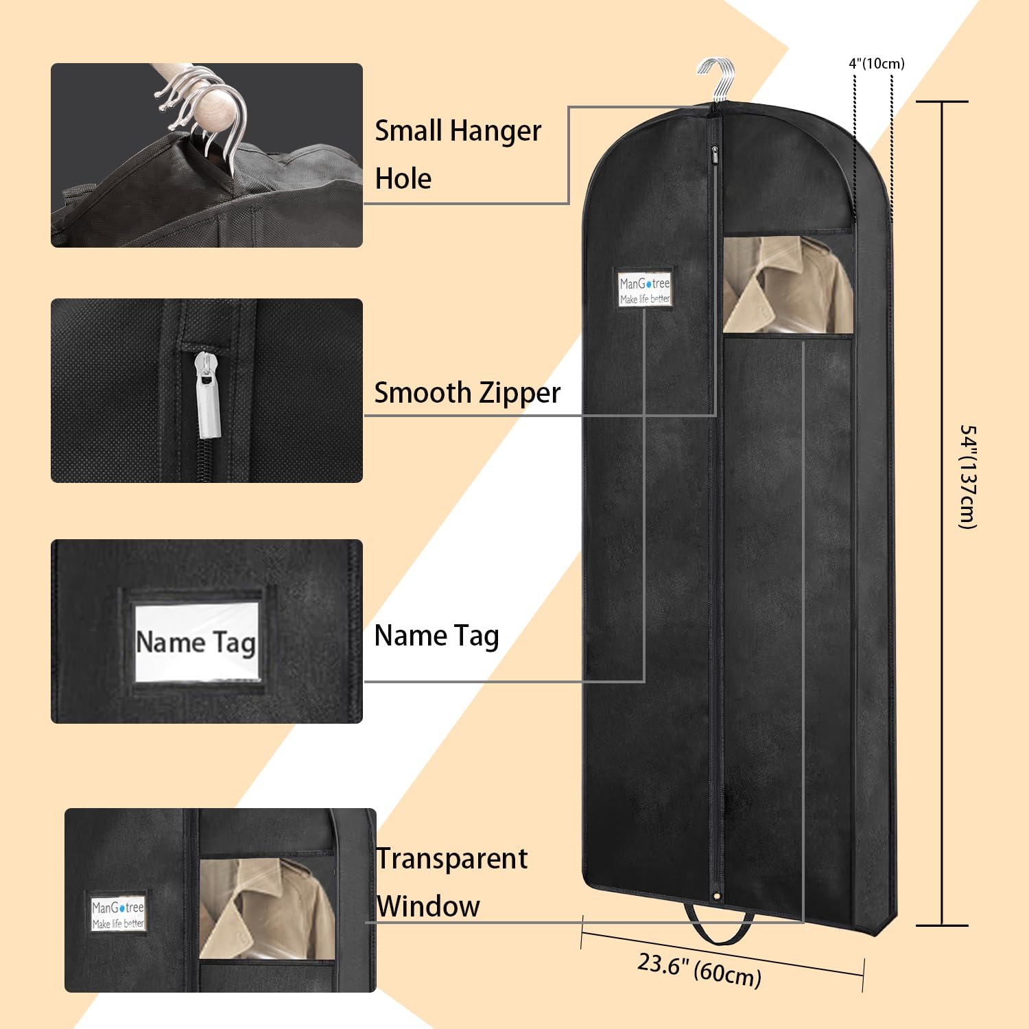 Mangotree 54'' Garment Bags, Suit Bags For Closet Storage And Travel, Portable Garment Covers With Handle, Nonwoven Breathable C