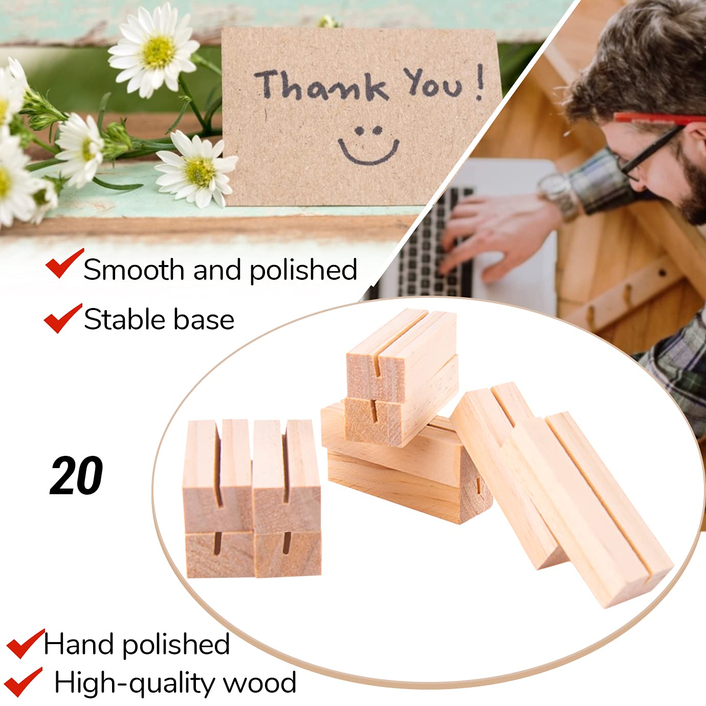 Wxj13 20Pcs Wood Place Card Holders Wood Table Number Stands Wood Name Card Holders For Tables Table Sign Stand Picture Holder A