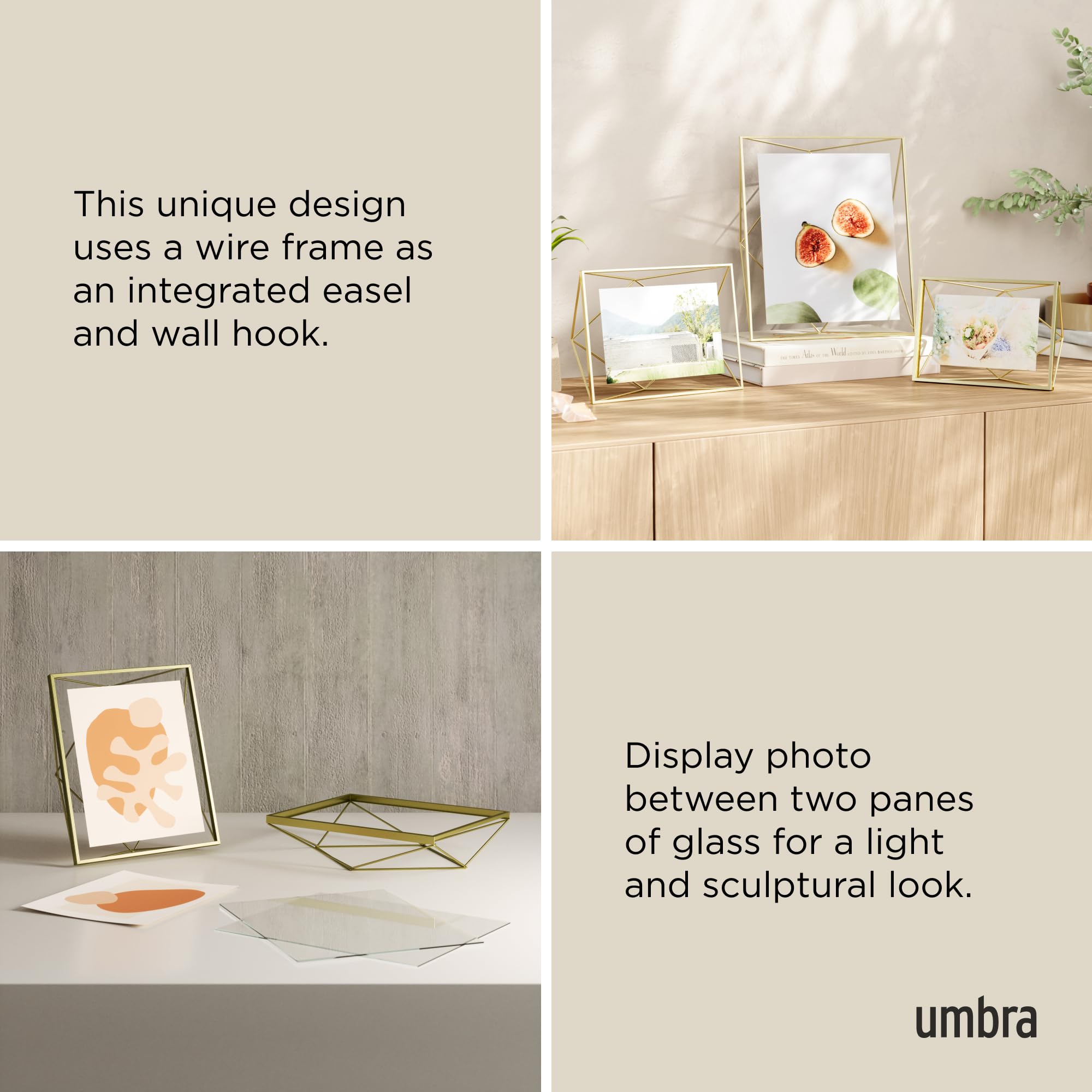 Umbra Prisma 8x10 Picture Frame, Metal Floating Wall or Desk Photo Display for Pictures, Art, Illustrations, and More, Brass