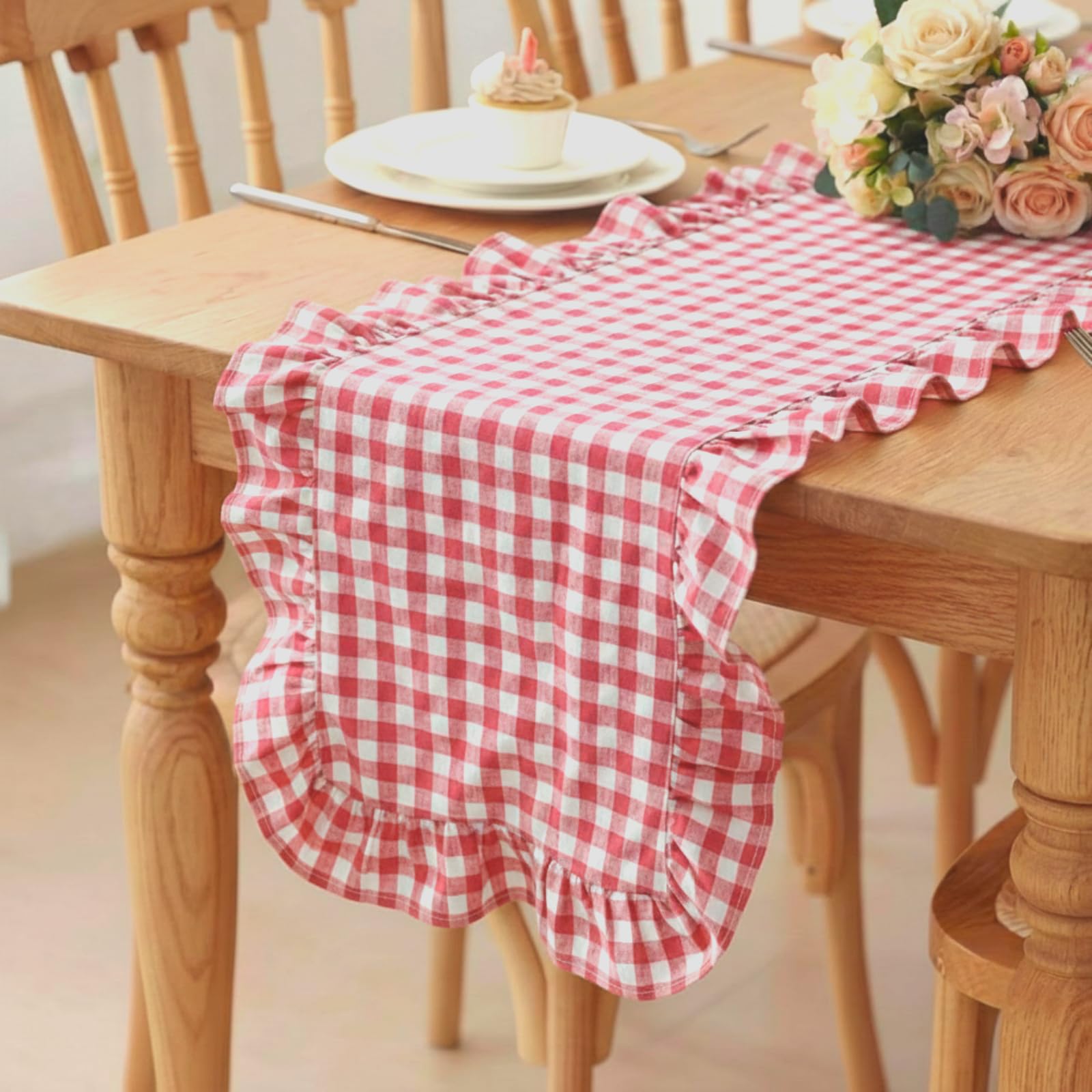 HunnmingRe 1 Pcs Pink Plaid Gingham Ruffle Table Runner 72 x 13.8 Farmhouse Table Runner 100% Cotton Scalloped Long Dresser Sc
