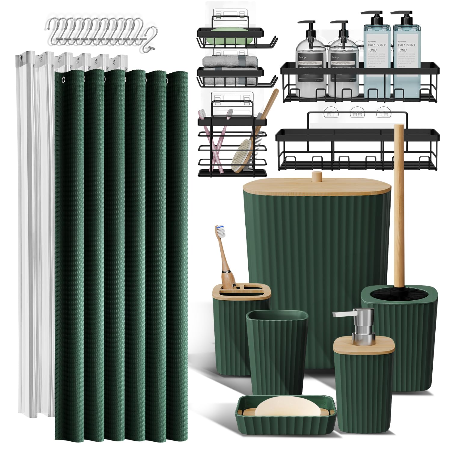 Clara Clark Bathroom Accessories Set - Bathroom Set with Adhesive Corner Shower Caddy Hanging, 25PC Bathroom Accessory Set, Hunt