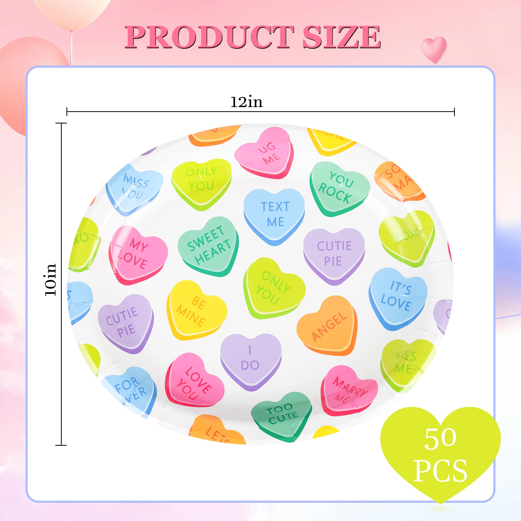 Aimfun 50Pcs Conversation Heart Oval Paper Plates Valentine'S Day Disposable Party Plates Colorful Hearts 10'' X 12'' Dinner Ser