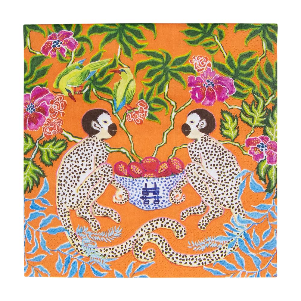 Caspari Monkeys Paper Luncheon Napkins in Orange - Two Packs of 20